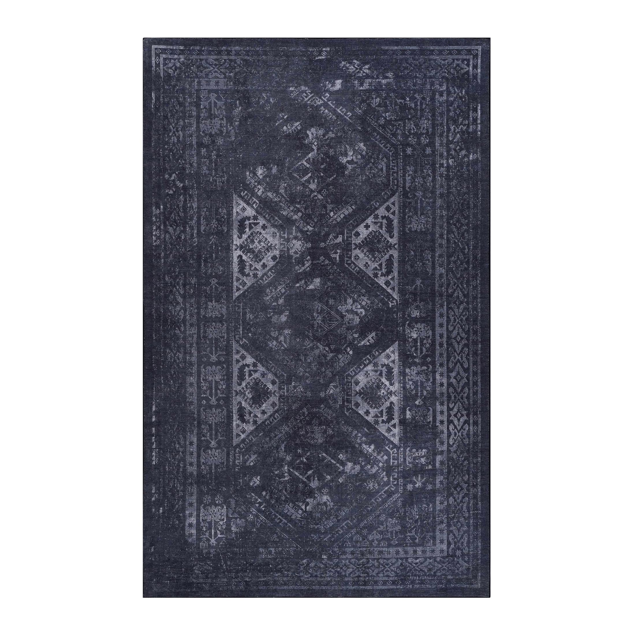 6x9 Washable Low-Pile Kid and Pet Friendly Area Rug, Non-Slip, Non-Shedding, Foldable Area Carpet for Living Room, Dining Room, Black+Gray