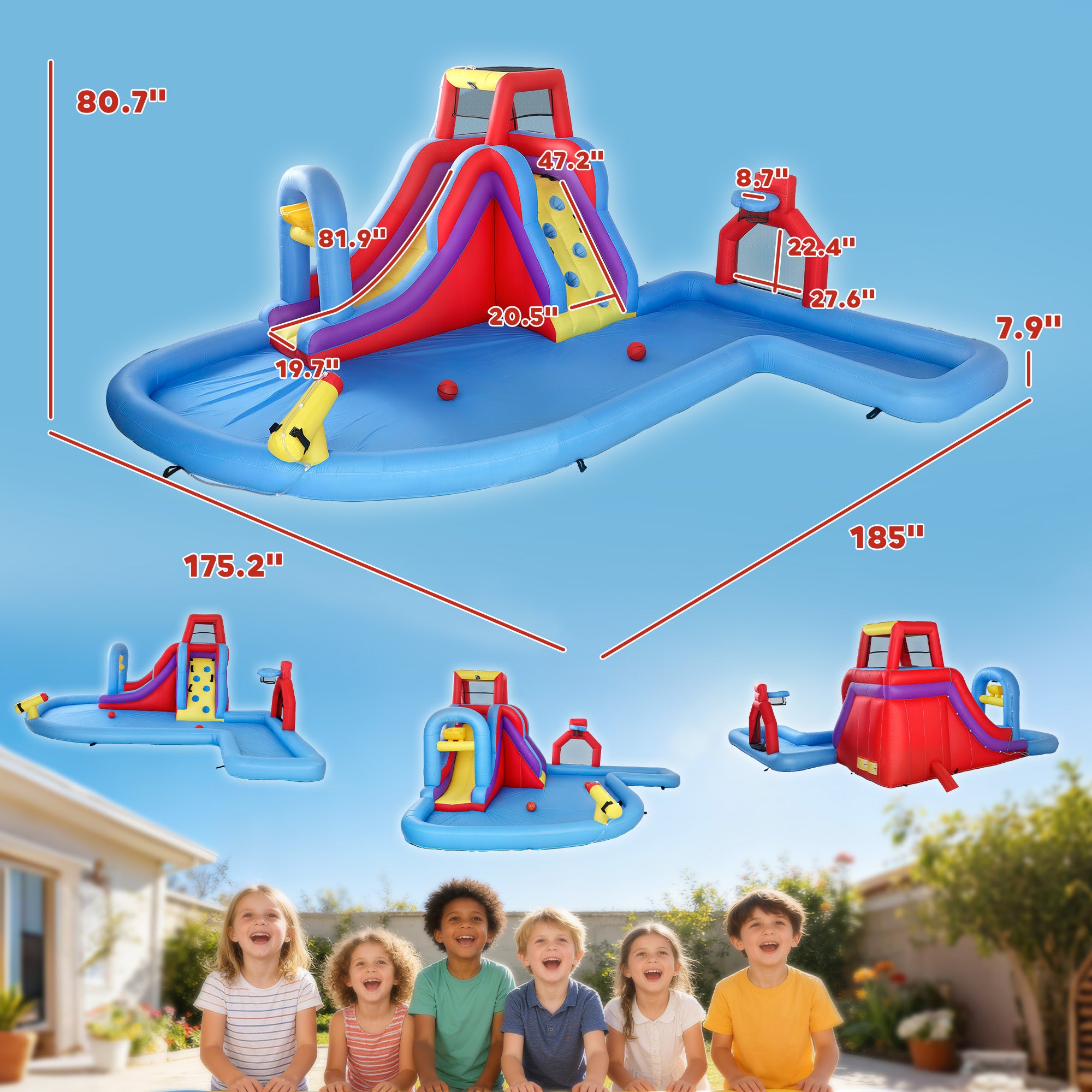 Inflatable Water Slide 6 in 1 with 480W Blower, Bounce House with Climbing Wall, Splashing Pool, Basketball Hoop