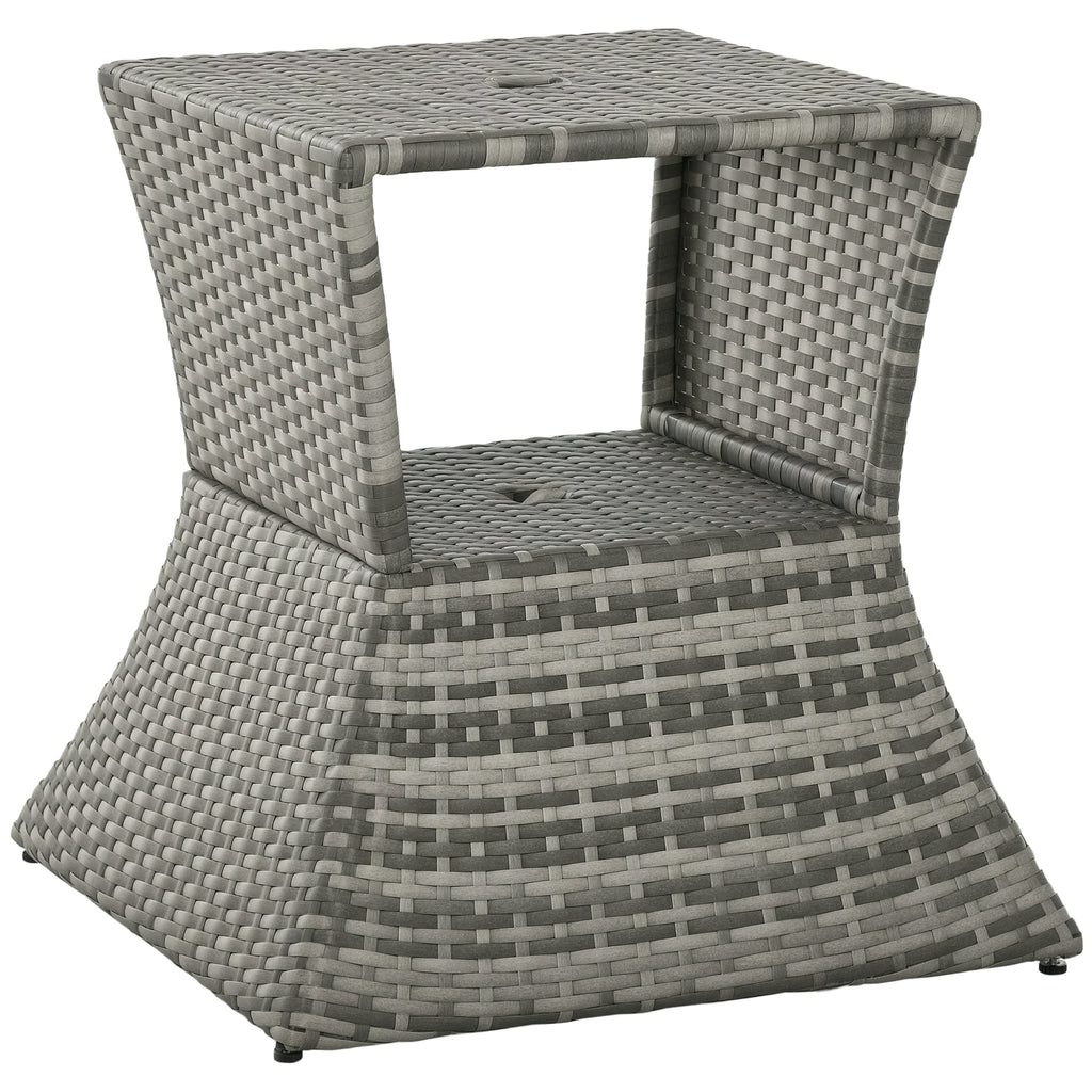 Outdoor Side Table with Umbrella Hole, 2 Tier Rattan Wicker End Table with Storage Shelf, All Weather for Patio, Garden, Backyard, Mixed Gray