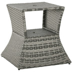 Outdoor Side Table with Umbrella Hole, 2 Tier Rattan Wicker End Table with Storage Shelf, All Weather for Patio, Garden, Backyard, Mixed Gray