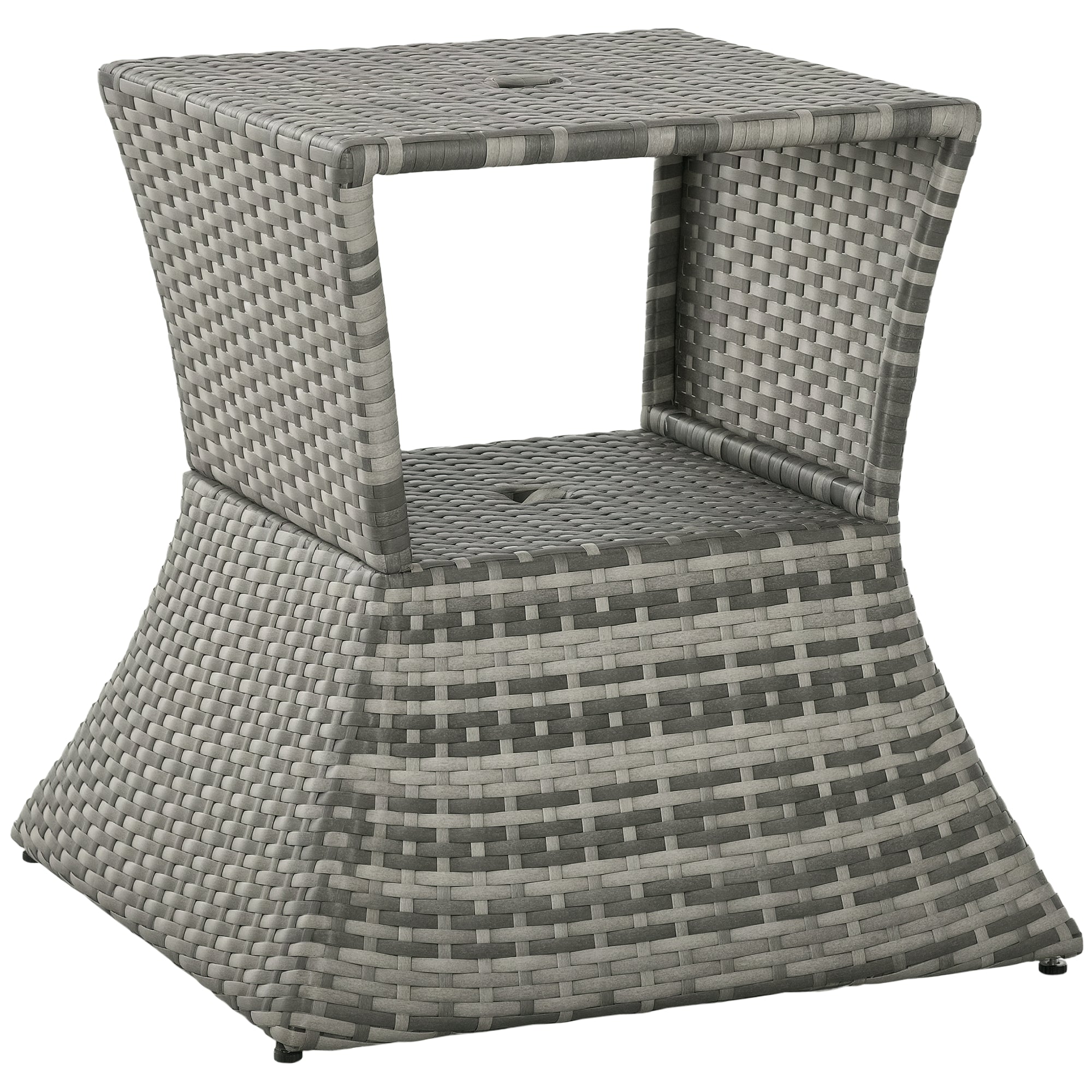 Outdoor Side Table with Umbrella Hole, 2 Tier Rattan Wicker End Table with Storage Shelf, All Weather for Patio, Garden, Backyard, Mixed Gray