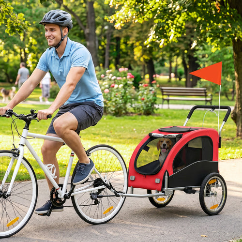 2 in 1 Dog Bike Trailer, Foldable Pet Stroller, Dog Bicycle Trailer with Suspension, for Medium Dogs up to 44 LBS, Red