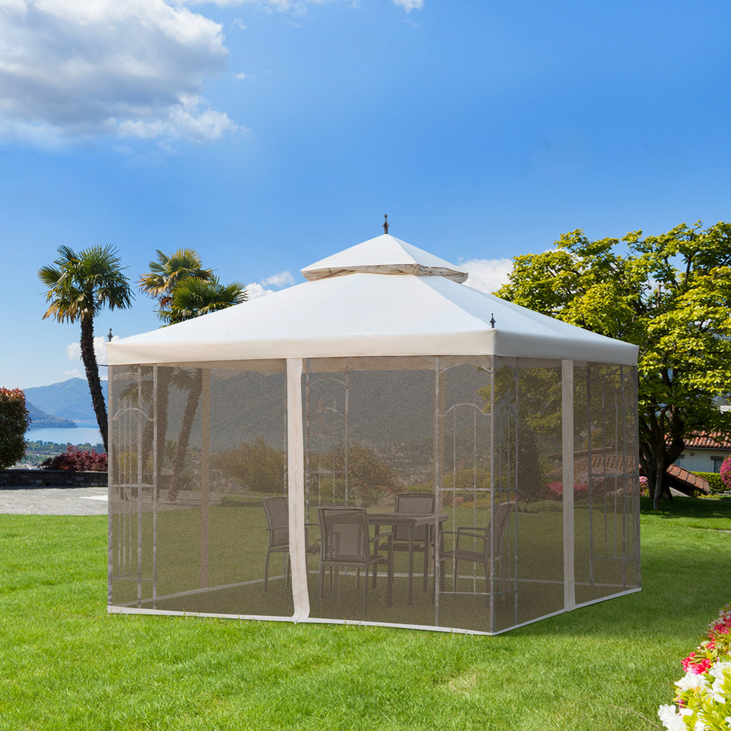 10' x 10' Patio Gazebo with Corner Frame Shelves, Double Roof Outdoor Gazebo Canopy Shelter with Netting for Patio, Wedding, Catering & Events, Cream White