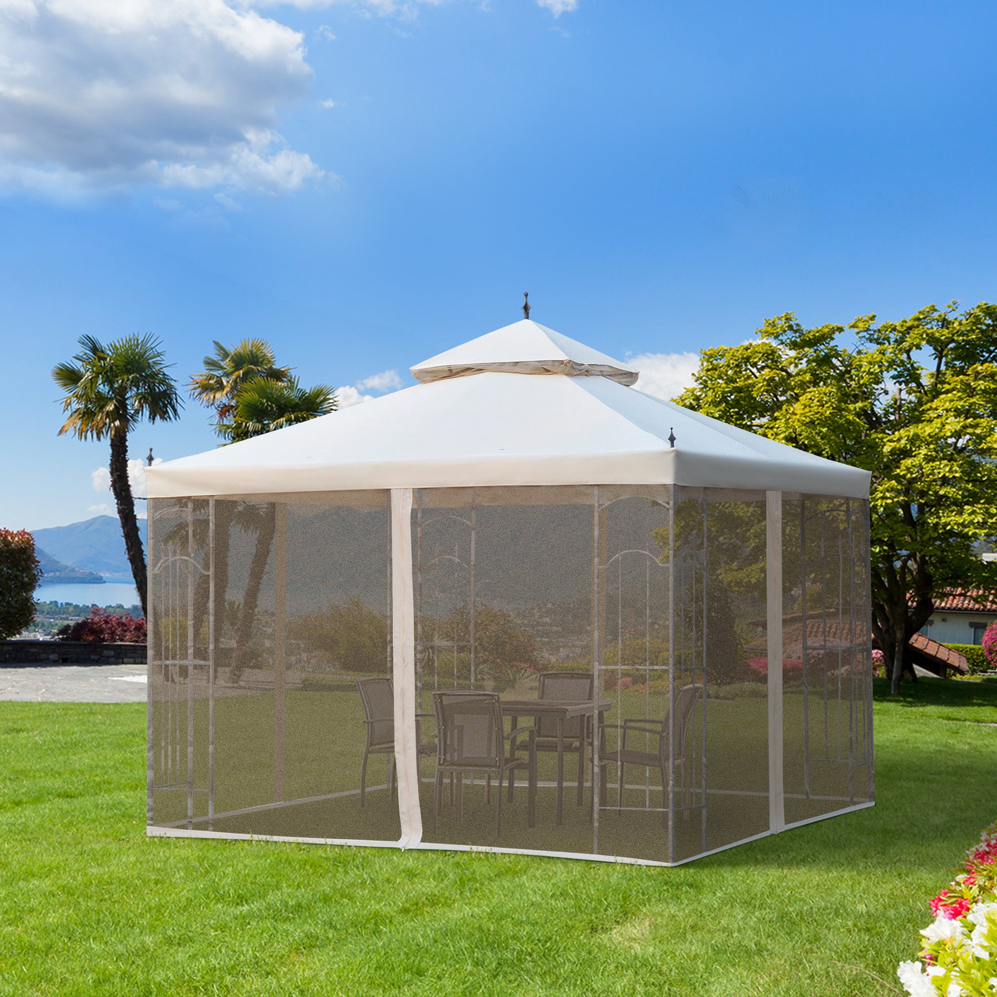 10' x 10' Patio Gazebo with Corner Frame Shelves, Double Roof Outdoor Gazebo Canopy Shelter with Netting for Patio, Wedding, Catering & Events, Cream White