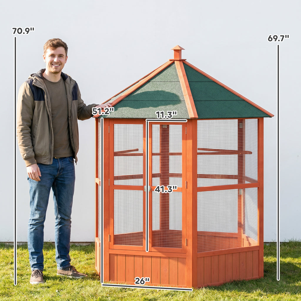 69" Wooden Hexagonal Outdoor Aviary Flight Bird Cage With Covered Roof, Brown
