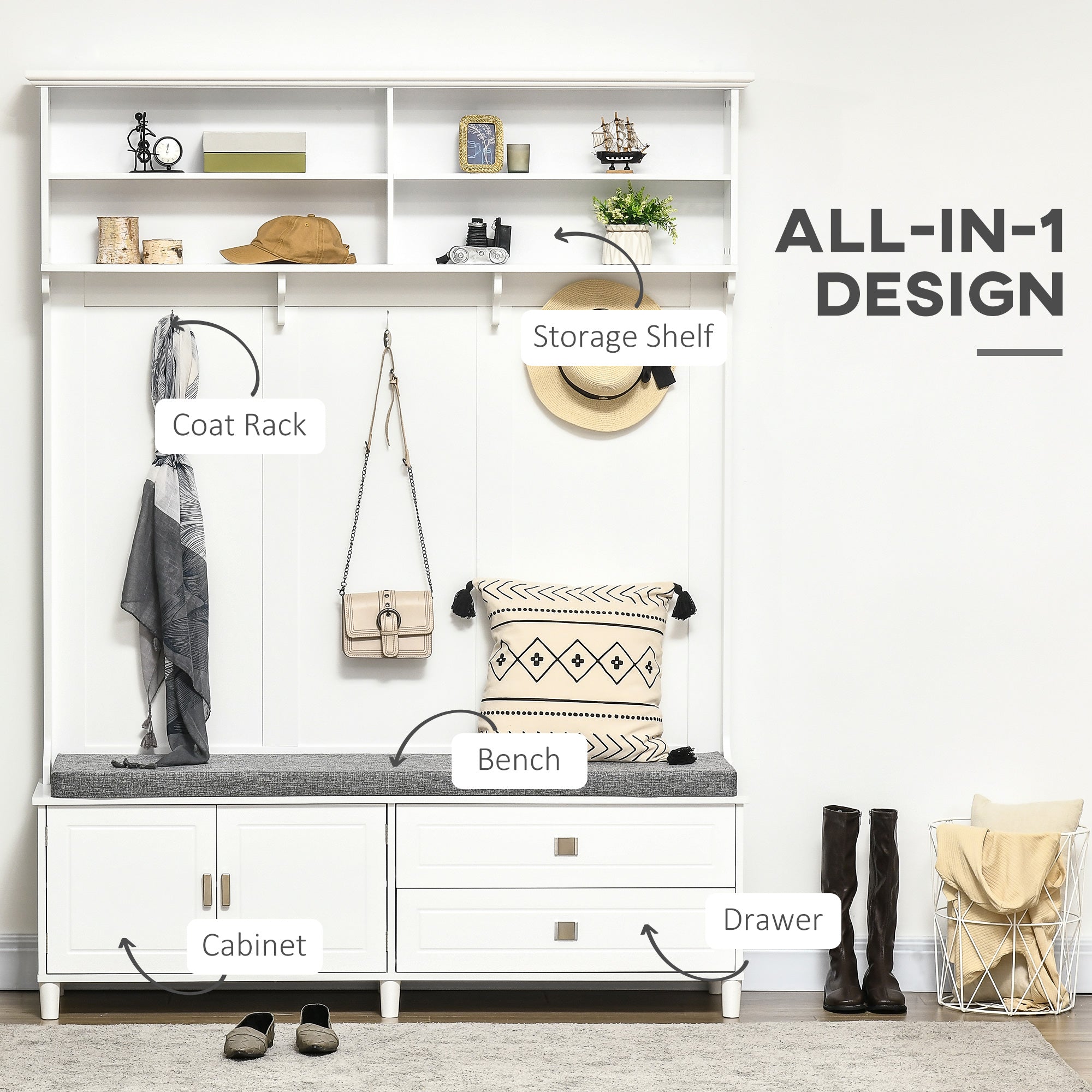 Hall Tree with Storage Bench, Entryway Bench with Coat Rack, Accent Coat Tree with Storage Shelves, White