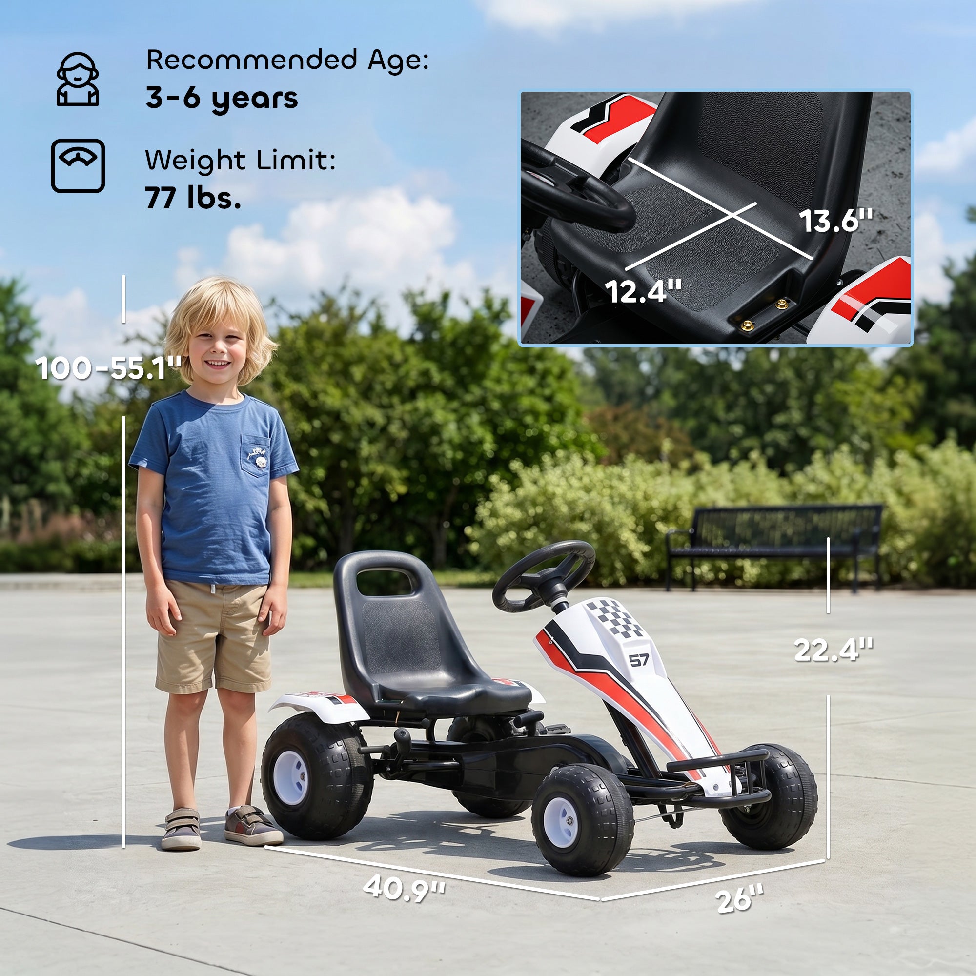 Pedal Go Kart Children Ride on Car Racing Style with Adjustable Seat, Plastic Wheels, Handbrake and Shift Lever, White