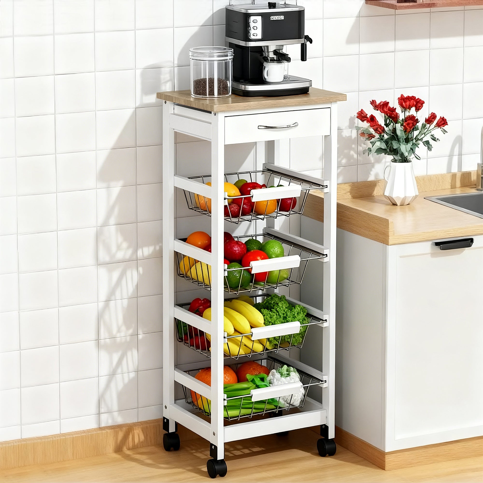 Mobile Kitchen Cart, Rolling Kitchen Island with Storage, Solid Wood Frame Utility Cart with Wire Fruit Baskets and Drawer, White