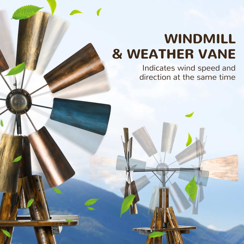 Windmill Weather Vane, Wind Vane with Bottom Shelf, Steel Windmill Head, Stained Wood