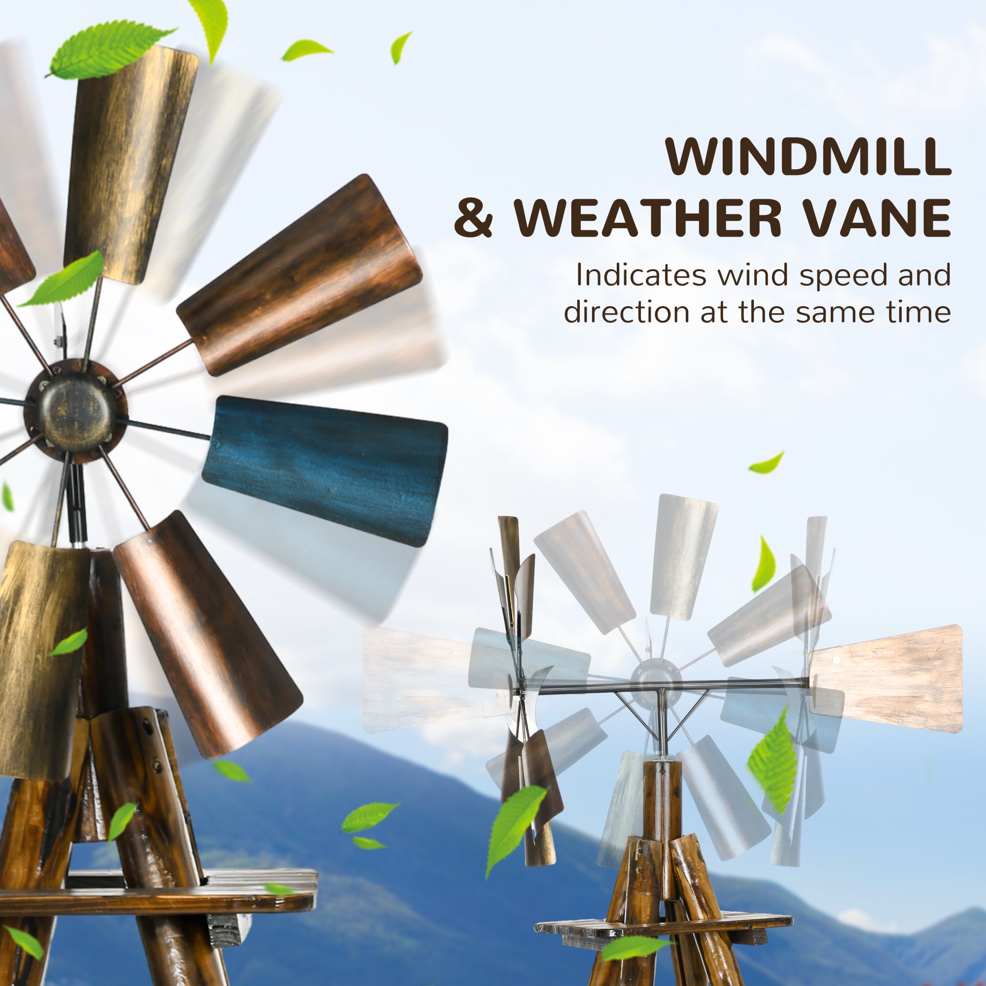 Windmill Weather Vane, Wind Vane with Bottom Shelf, Steel Windmill Head, Stained Wood
