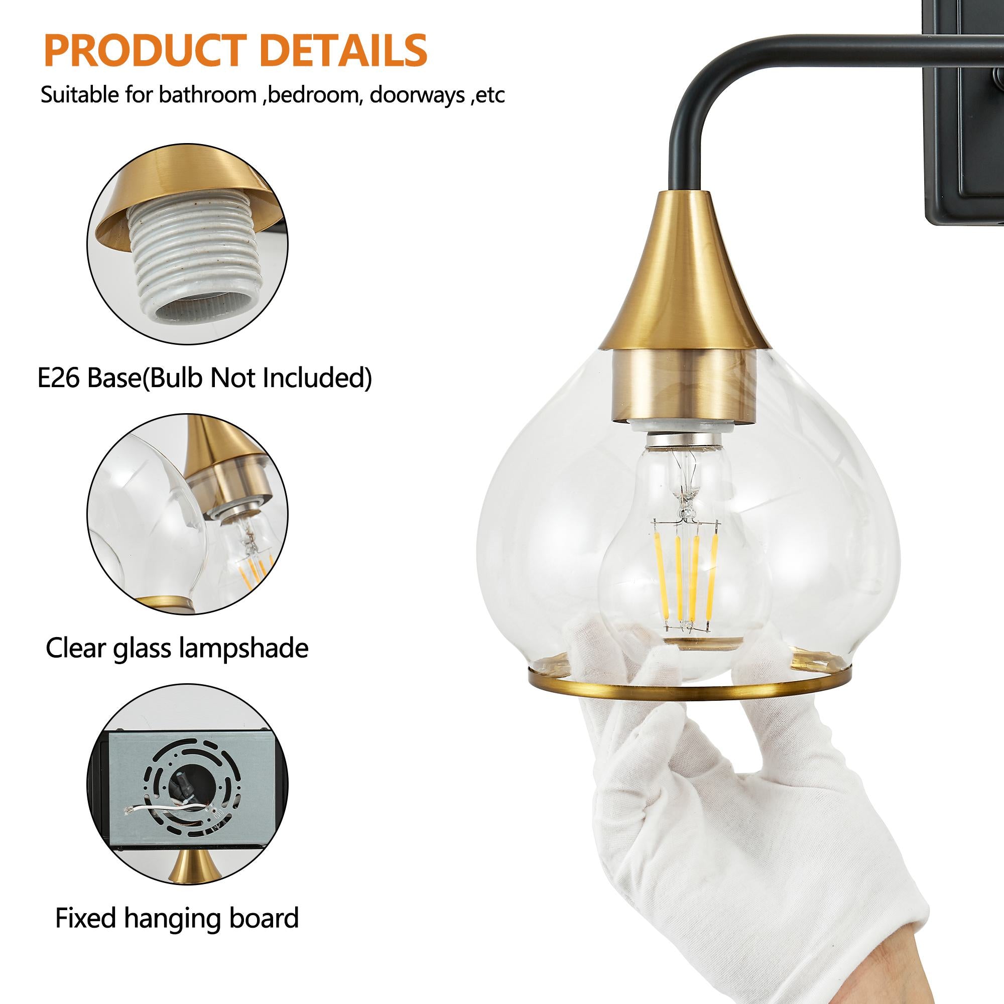 23" Industrial 3-Light Vanity Wall Sconce with Clear Glass Shades, Wall Mounted Lamp for Bathroom, Bedroom, 23" L x 8" W x 11" H, Black+Gold