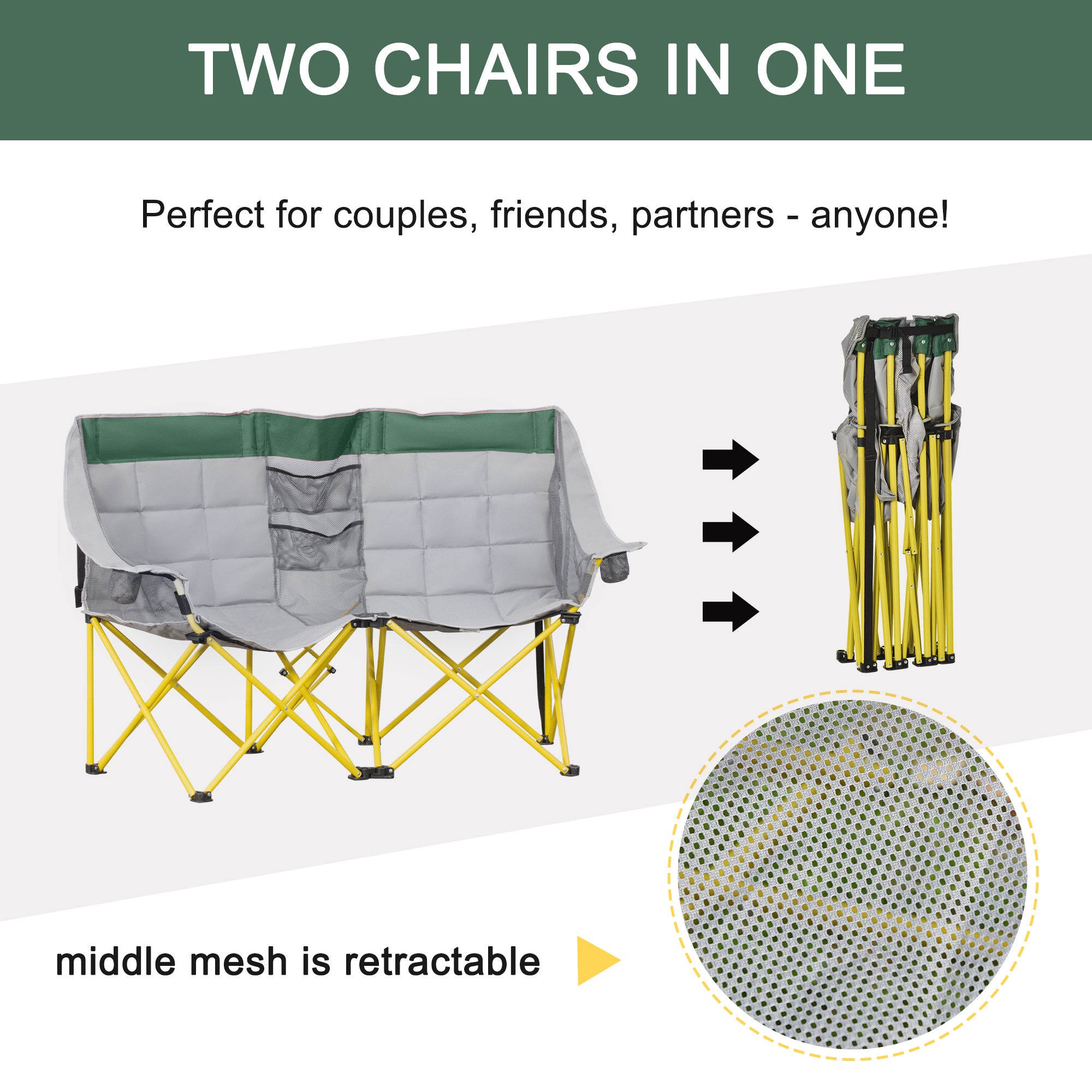Loveseat Style Camping Chair, Oversized Folding Lawn Chair with Carry Bag & Cup Holders, for Outdoor, Green & Gray