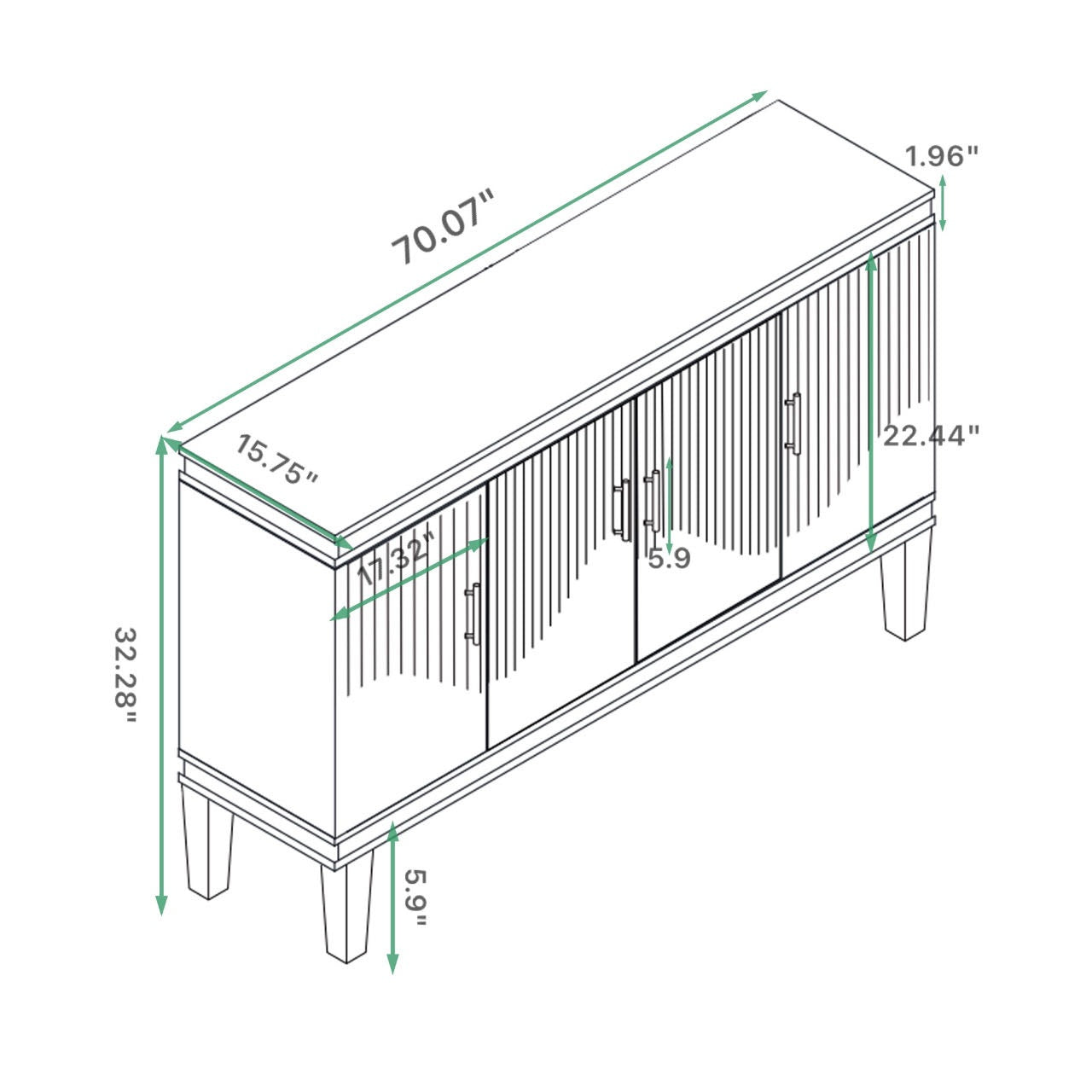 70.07'' Large 4-Door Cabinet, Solid Wood and MDF, Adjustable Shelves, 330 lbs Weight Capacity, for Living Room, Kitchen, Bedroom, Hallway, Olive Green