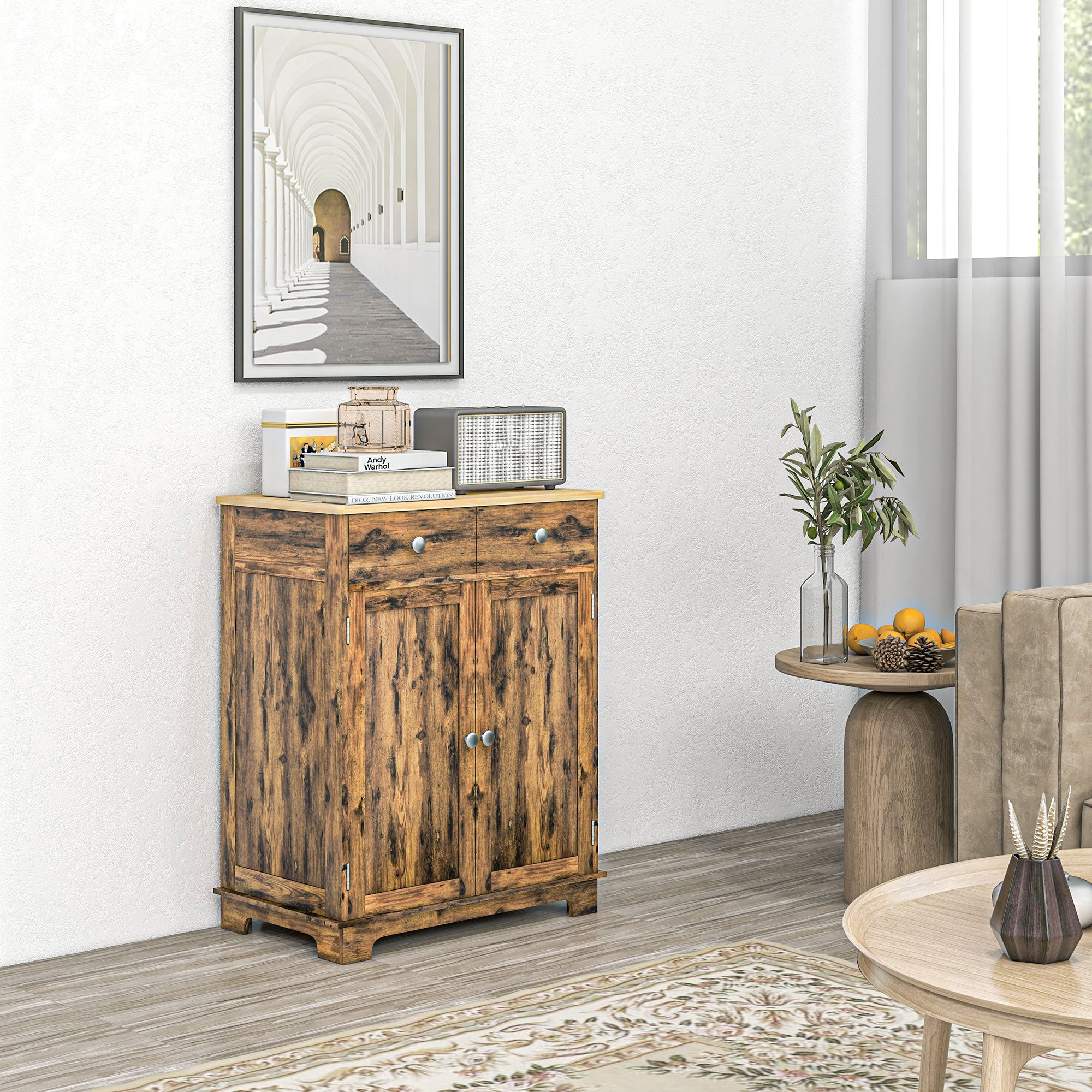 Kitchen Storage Cabinet, Sideboard Floor Cupboard with Solid Wood Top, Adjustable Shelf, and 2 Drawers, Brown