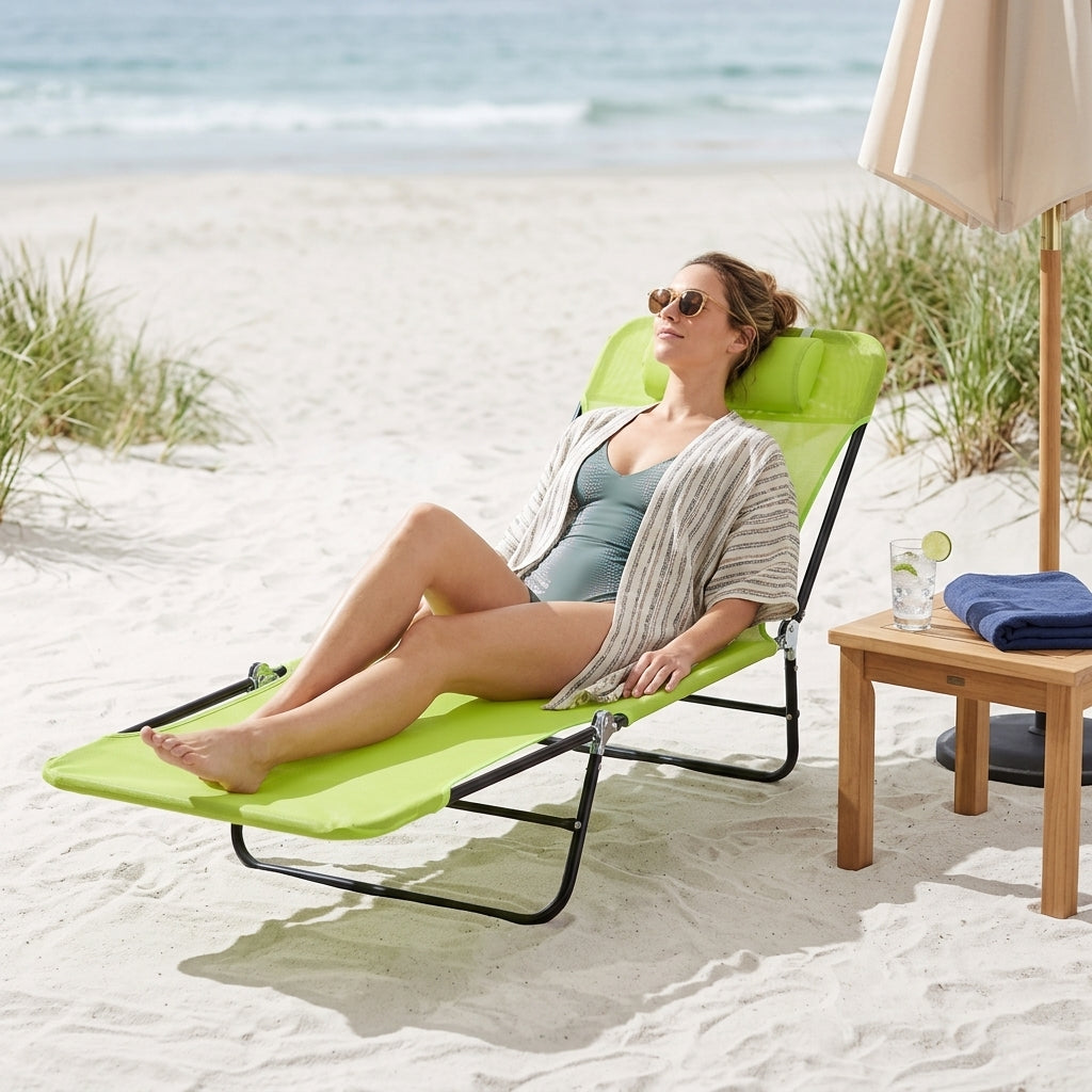 Folding Chaise Lounge Chair, Pool Sun Tanning Chair, Outdoor Lounge Chair with Reclining Back, Breathable Mesh Seat, Headrest for Beach, Yard, Patio, Green
