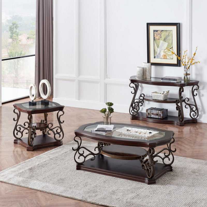 Cocktail Table with Tempered Beveled Glass Top, Marble Paper, Powder-Coated Metal Legs, Desk for Living Room, 52" L x 32" W x 20.5" H, Brown