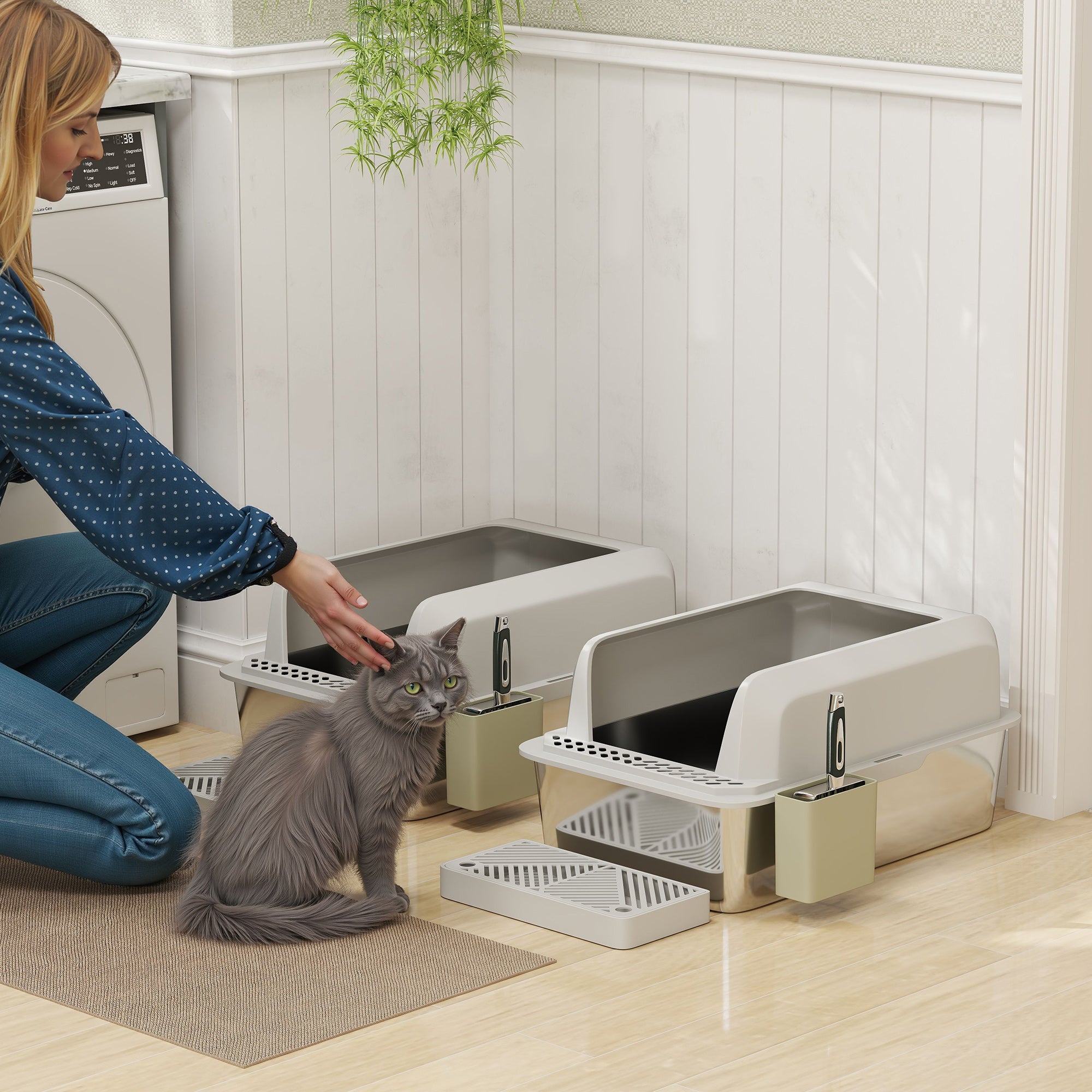 2 Pack Stainless Steel Litter Box with Metal Scoop & Scoop Holder, High Sided, Anti-Urine Leakage, Non-Sticky