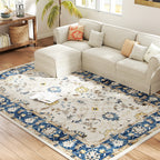 Machine Washable Area Rug 8x10, Non-Slip Boho Floral Print Floor Carpet for Living Room, Bedroom, Dining Room, Blue