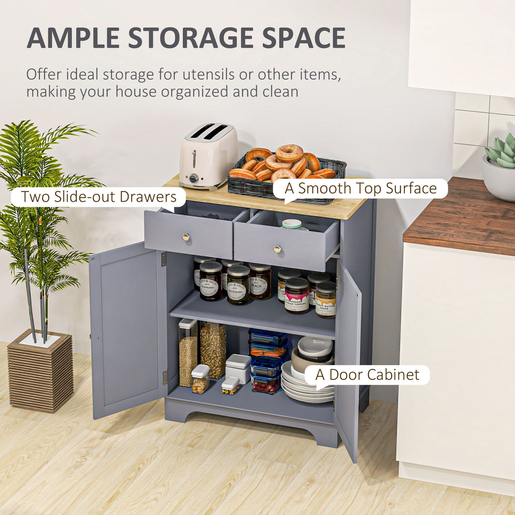 Kitchen Storage Cabinet, Sideboard Floor Cupboard with Solid Wood Top, Adjustable Shelf, and 2 Drawers, Gray
