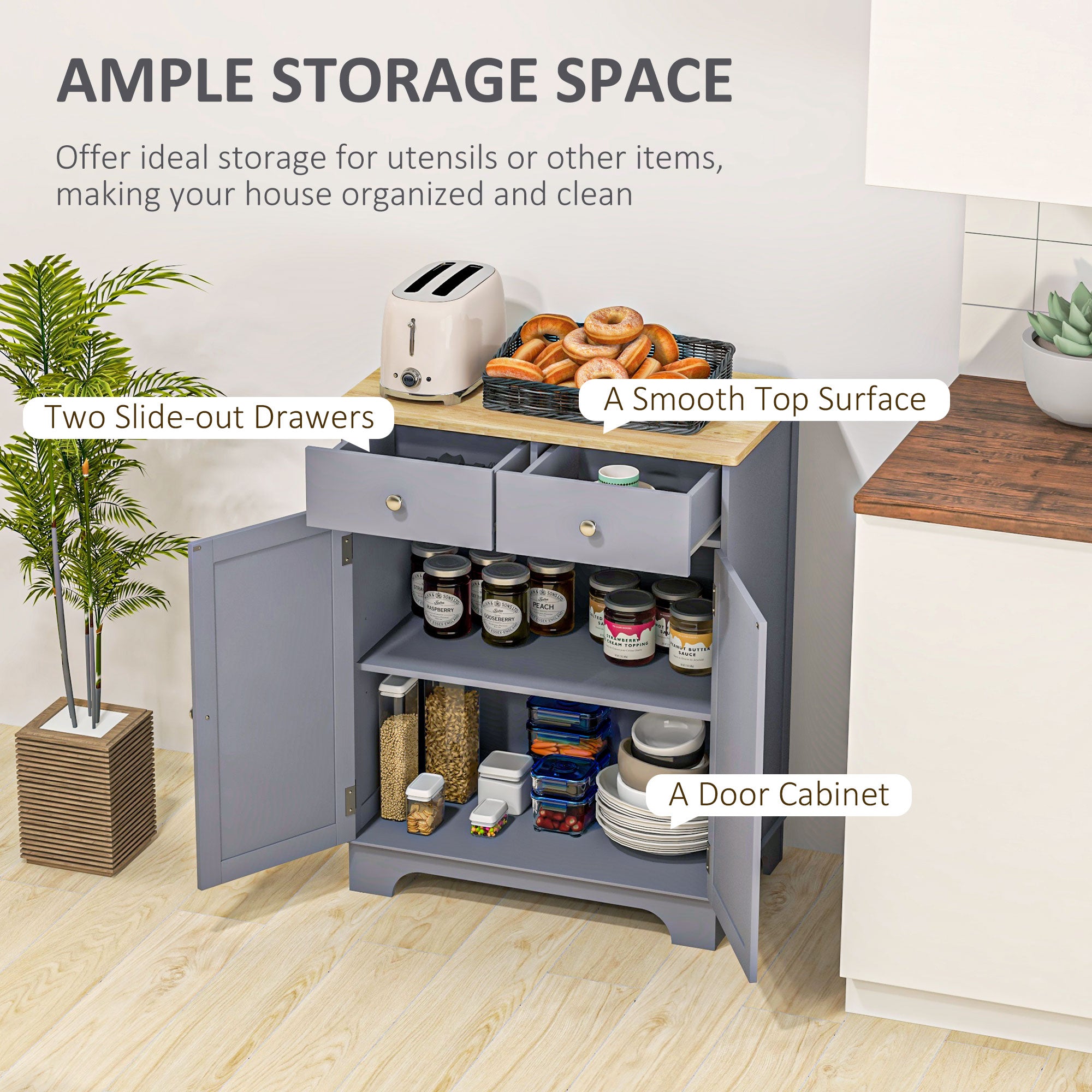 Kitchen Storage Cabinet, Sideboard Floor Cupboard with Solid Wood Top, Adjustable Shelf, and 2 Drawers, Gray