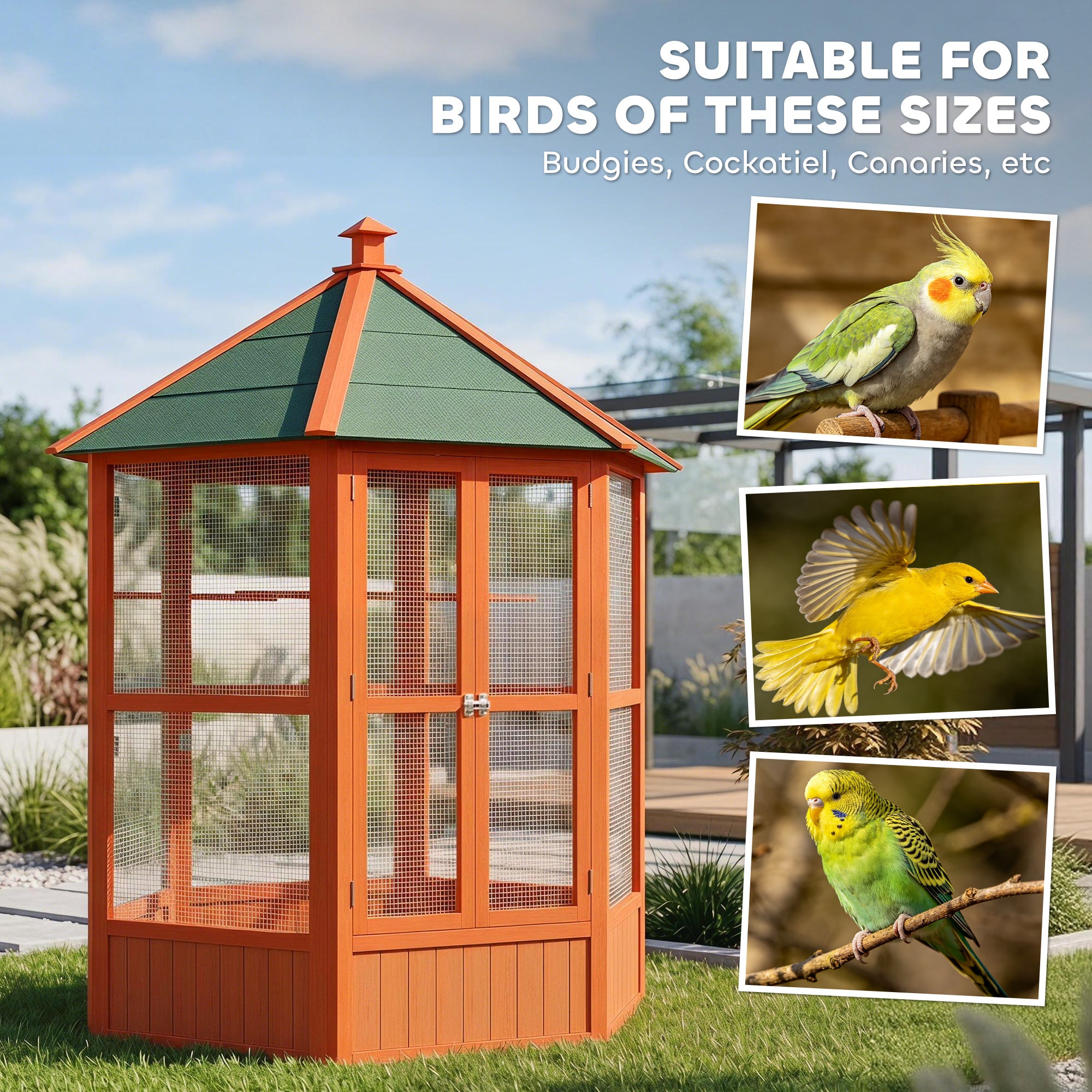 69" Wooden Hexagonal Outdoor Aviary Flight Bird Cage With Covered Roof, Brown