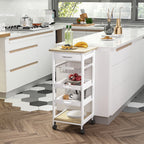 Mobile Kitchen Cart, Rolling Kitchen Island with Storage, Utility Cart with Wire Fruit Baskets, Trays and Drawer, White