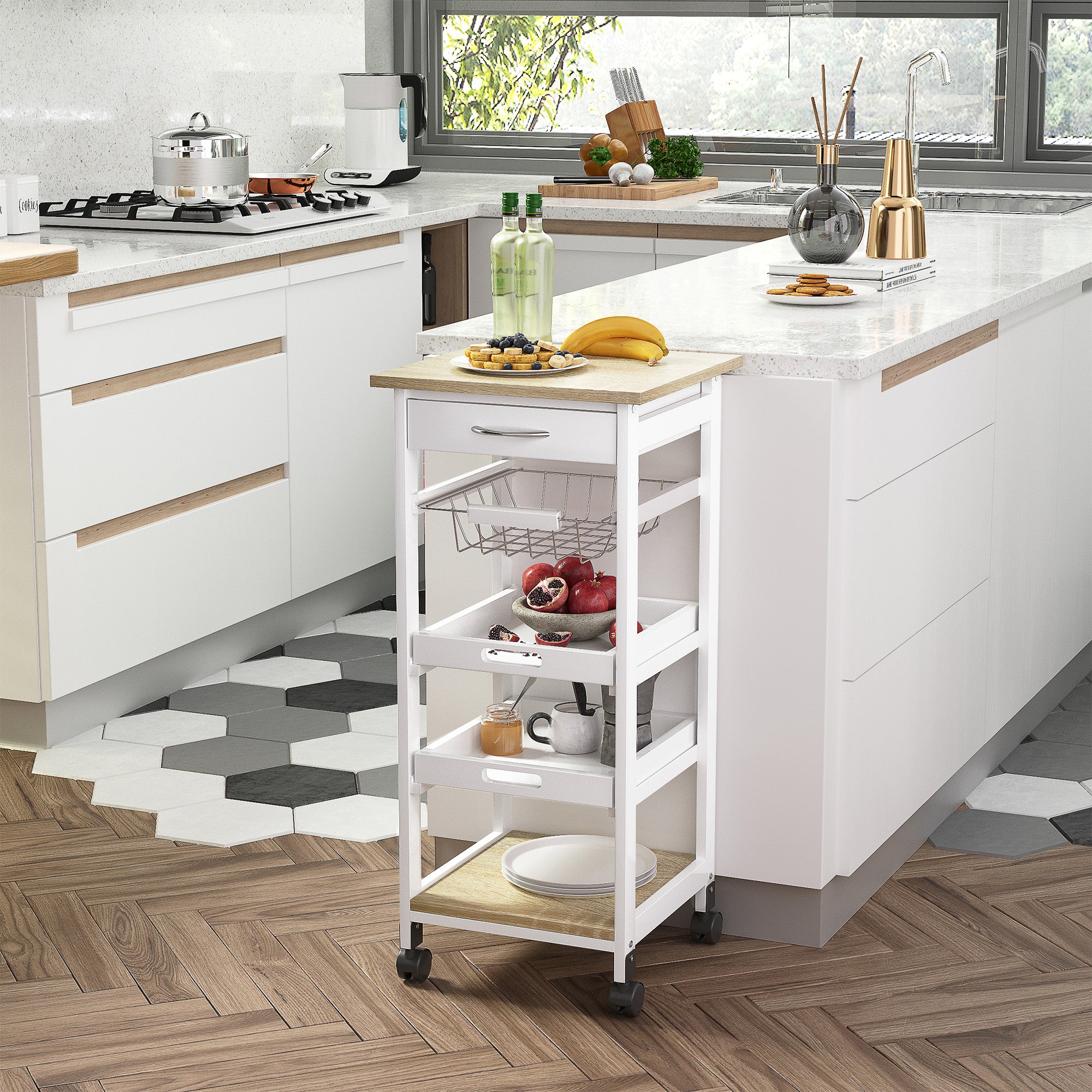 Mobile Kitchen Cart, Rolling Kitchen Island with Storage, Utility Cart with Wire Fruit Baskets, Trays and Drawer, White