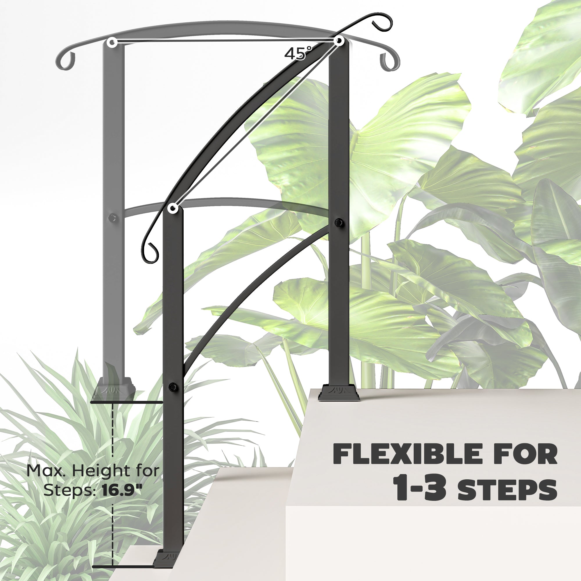 1-3 Step Metal Handrails for Outdoor Steps, Porch Deck Stair Railing with Installation Kit for Concrete Steps, Black