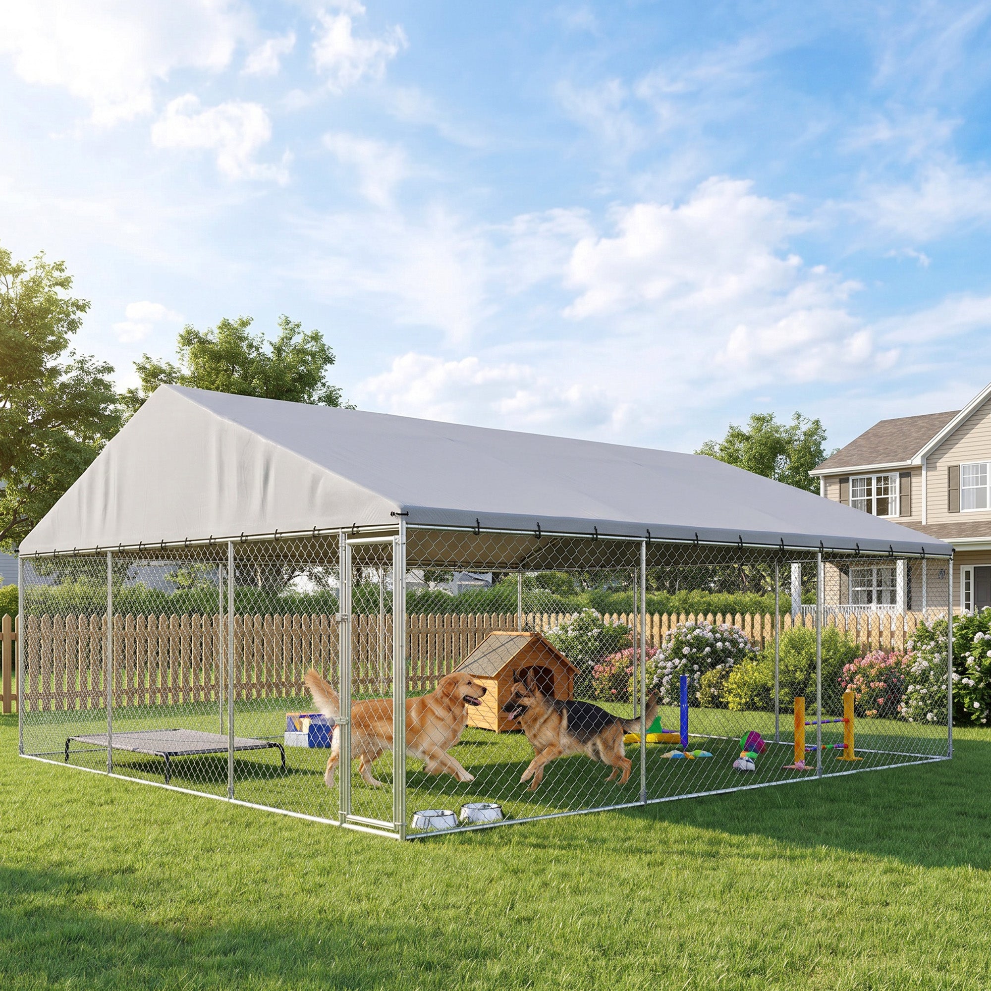 Heavy Duty Outdoor Dog Kennel with Waterproof Roof, 2 Secure Latches, Chain Link Dog Run for Backyard, 20' x 15' x 8'