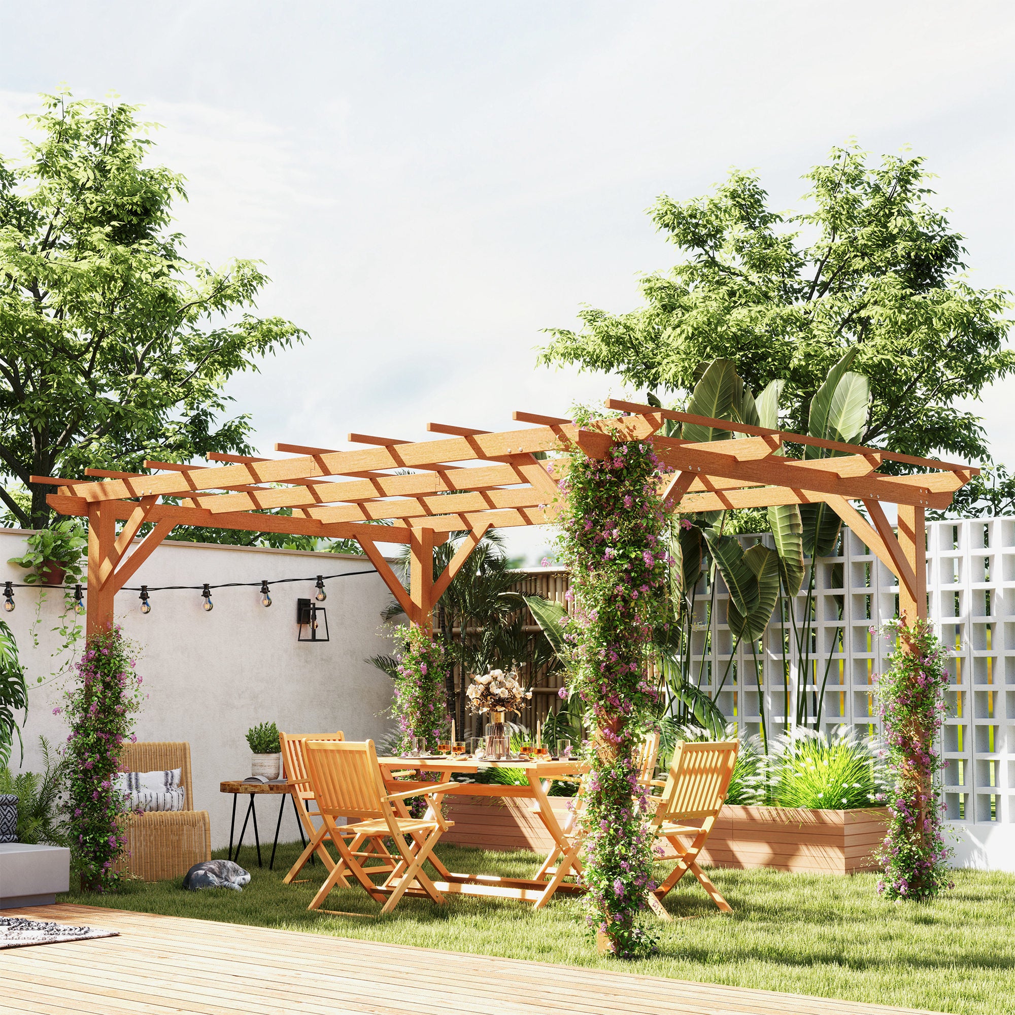 10' x 13' Wood Pergola, Outdoor Gazebo Grape Trellis with Stable Structure for Climbing Plant Support, Dark Brown