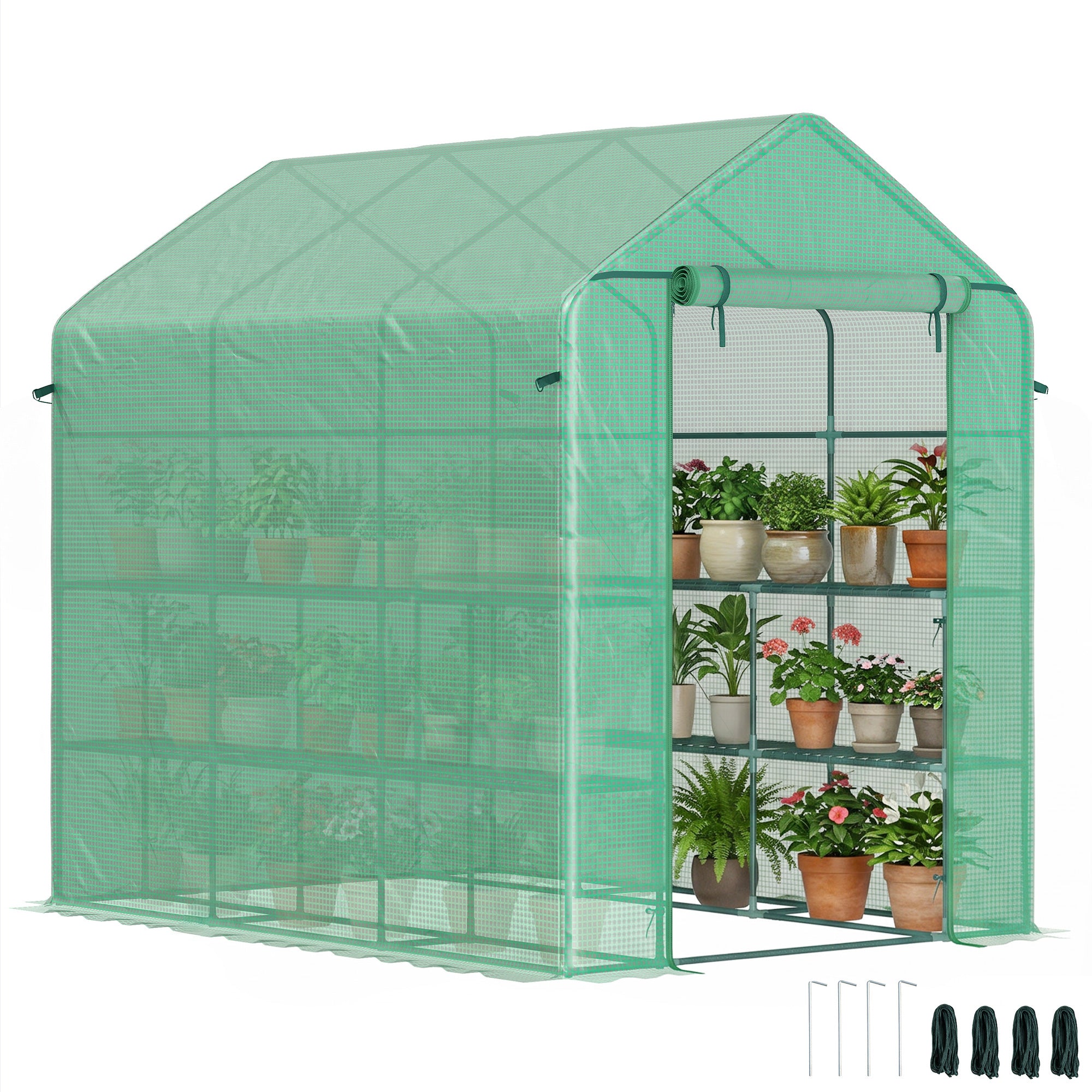 7' x 5' x 6' Walk-in Greenhouse for Outdoors with Mesh Door, 18 Shelf Hot House with Trellis, Plant Labels, UV Protective, Steel Frame for Growing Flowers, Herbs, Vegetables, Saplings, Green