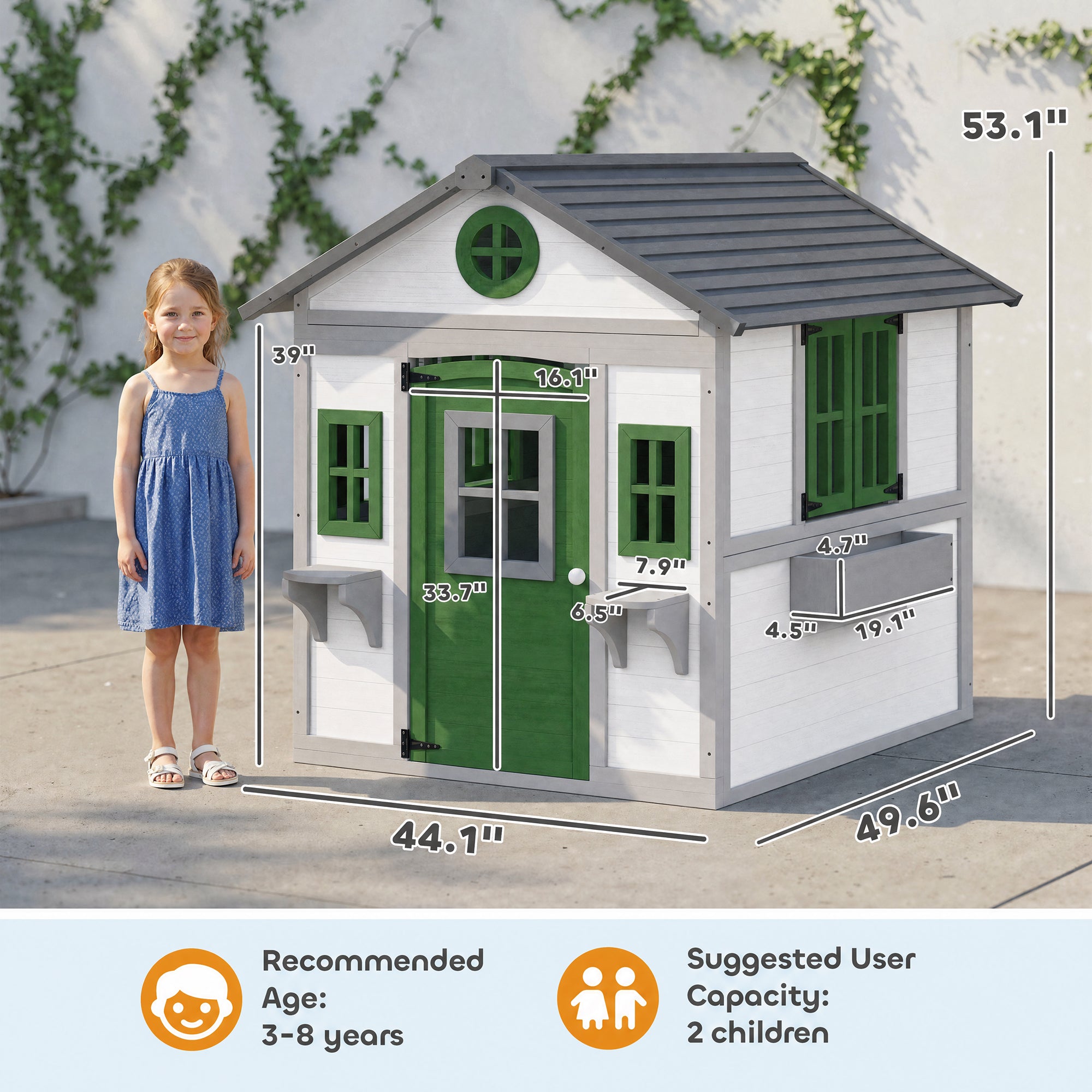 Wooden Playhouse for Kids Outdoor with Doors, Windows, Planter Pots and Boxes for Toddlers 3-8 Years, White