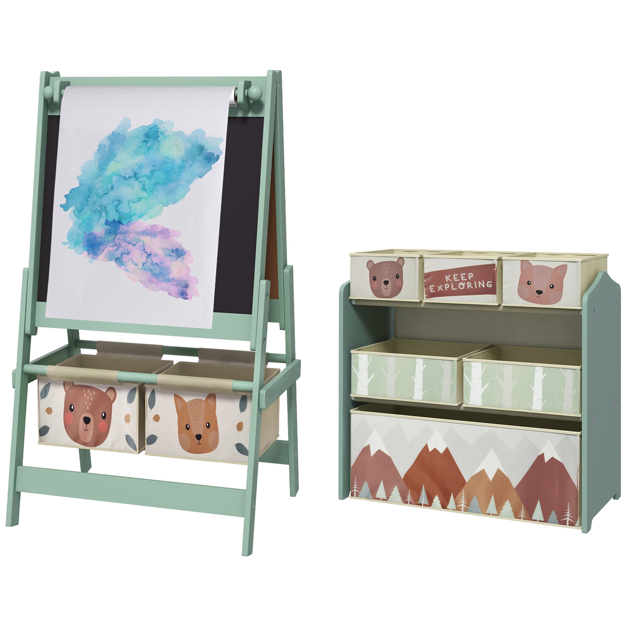 Kids Toy Organizer and Kids Easel Set with 6 Storage Bins, Paper Roll, Blackboard, Whiteboard, for Ages 3-8 Years, Green