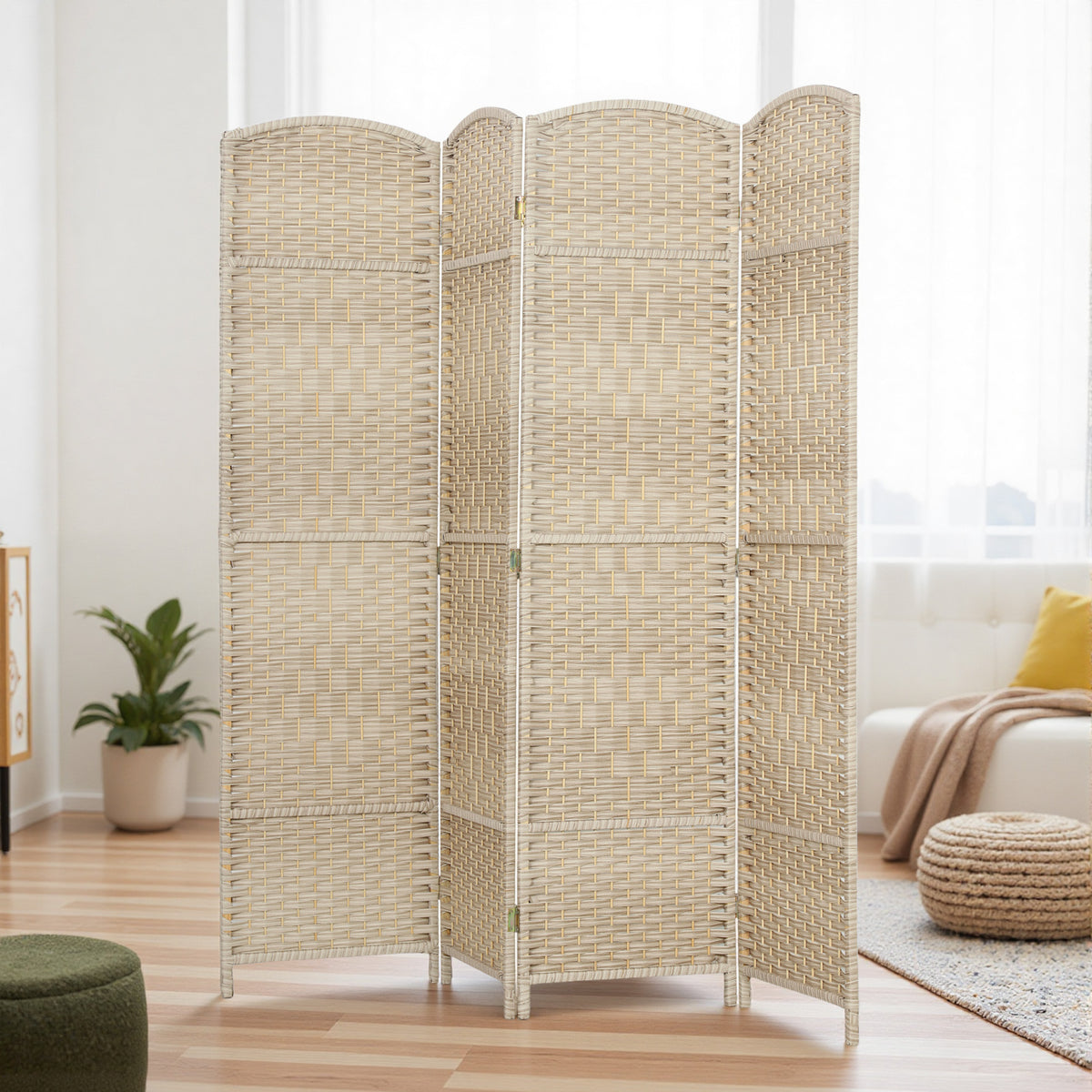 Folding Room Divider Screen 4 Panel 6' Tall Privacy Screen Freestanding Wood Partition for Home Office, Washed Oak
