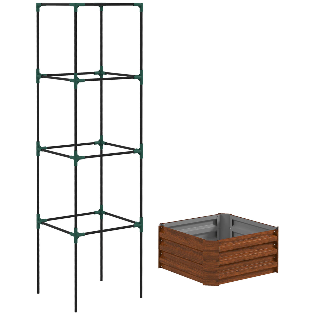 Galvanized Planter Box, 24" x 24" x 73.5" Raised Garden Bed with Tomato Cage for Climbing Vines, Brown