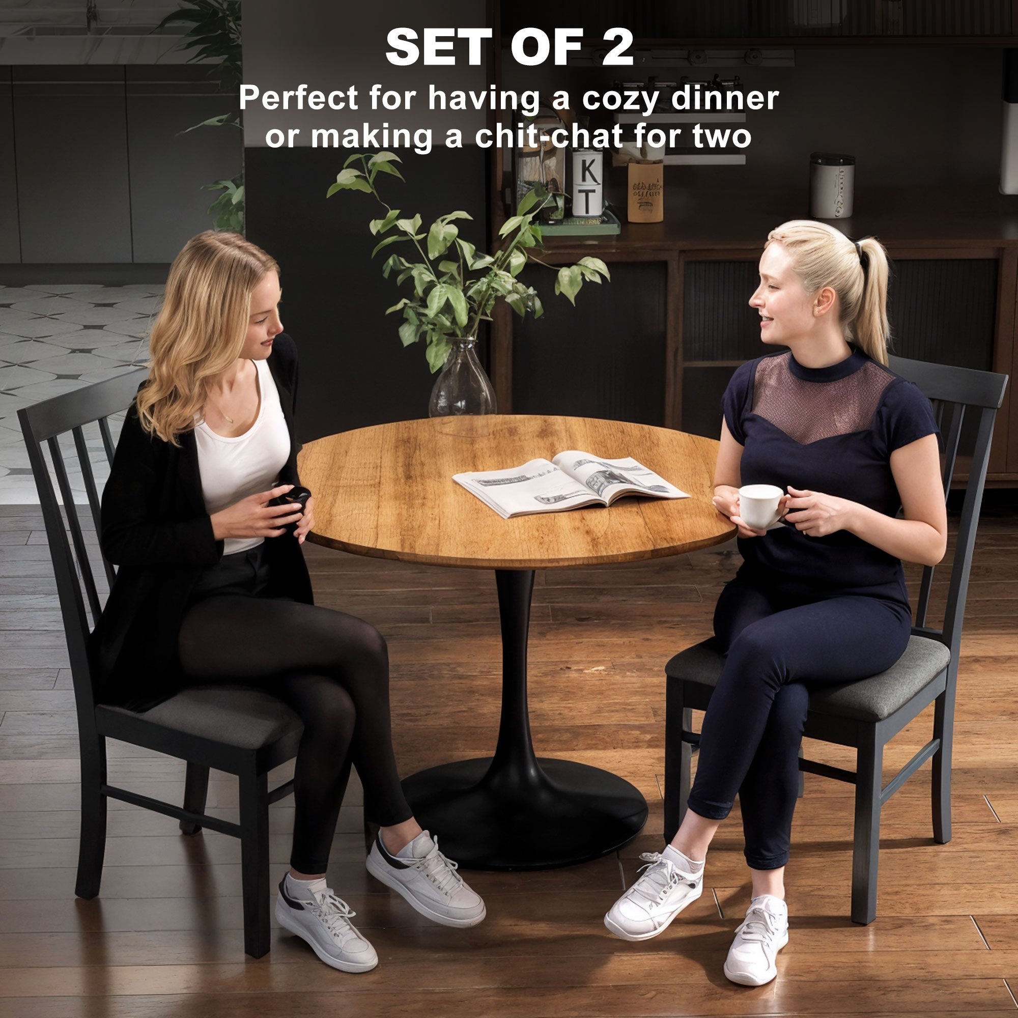 Wooden Dining Chairs Set of 2, Farmhouse Upholstered Kitchen Chairs with Rubber Wood Frame, Black and Gray