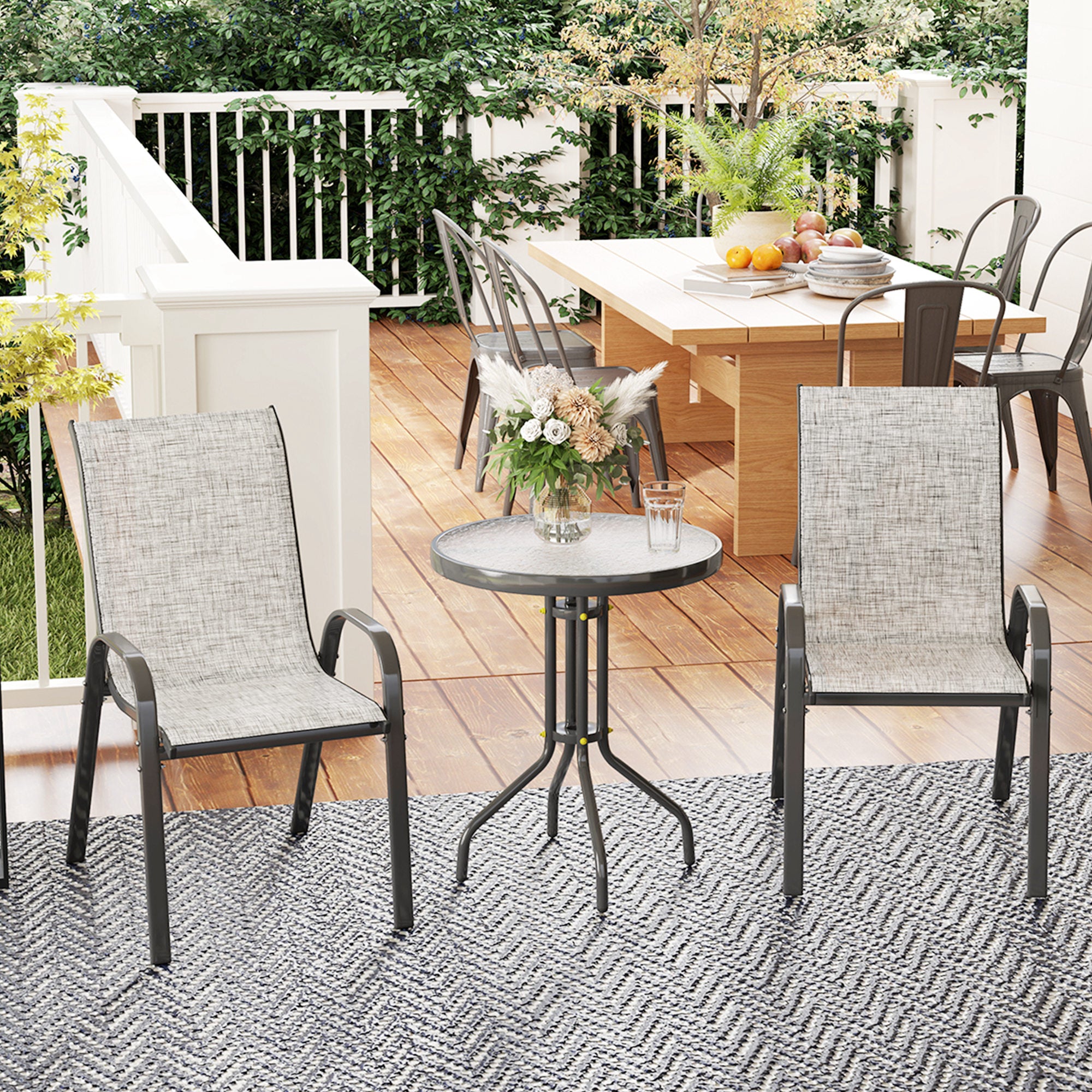 3 Pieces Bistro Set, Small Patio Furniture Set with Stackable Chairs and Glass Table for Backyard, Balcony, Gray