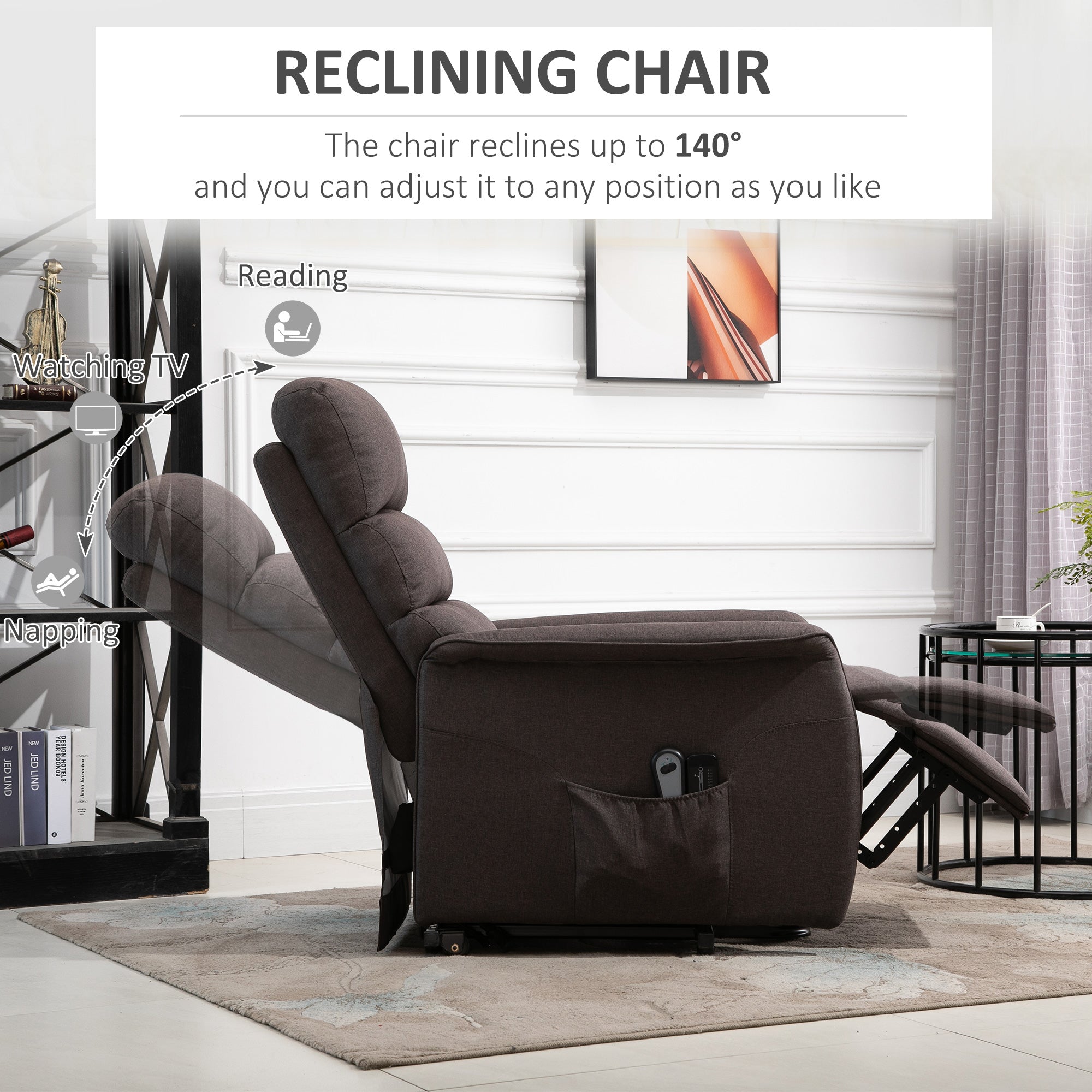 Power Lift Assist Recliner Chair for Elderly with Remote Control, Linen Fabric Upholstery, Brown