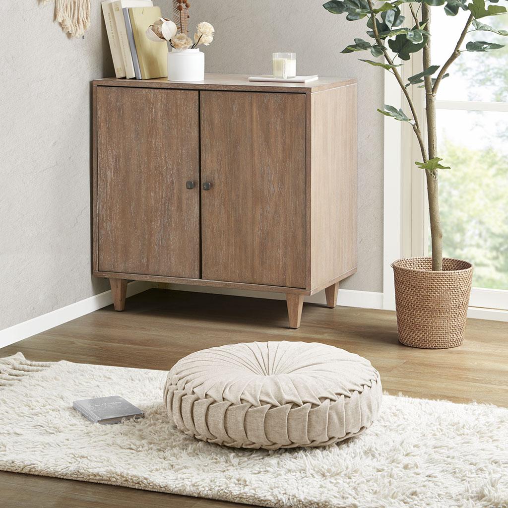 Poly Chenille Round Floor Pillow Cushion with Textured Fabric, Tufted Button Center, Pleated Detailing, 22" L x 22" W x 6" H, Ivory