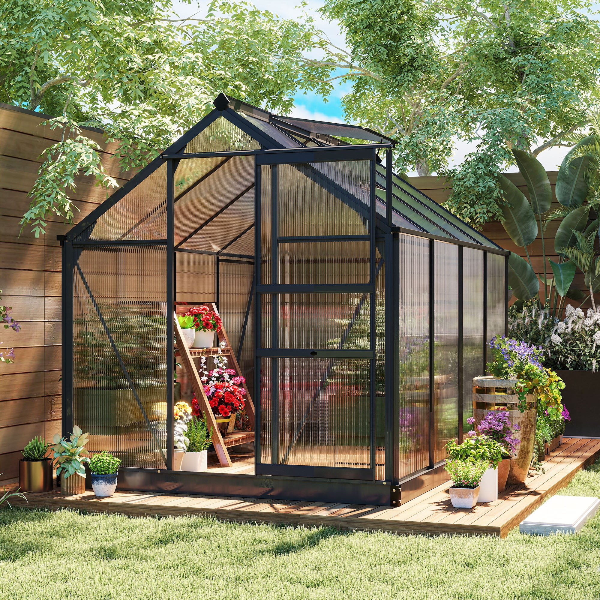 Polycarbonate Greenhouse, Heavy Duty Outdoor Aluminum Walk-in Green House Kit Vent Door, 6.2'x8.3'x6.6' Gray