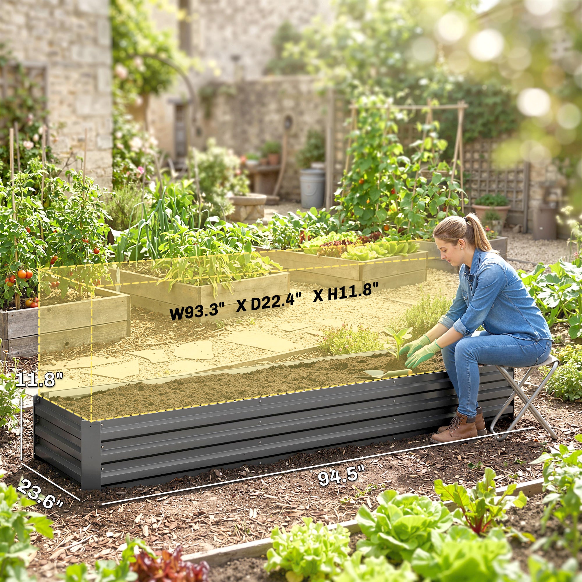 8x2x1ft Galvanized Raised Garden Bed Kit with Safety Edging for Flowers, Herbs and Vegetables, Dark Gray