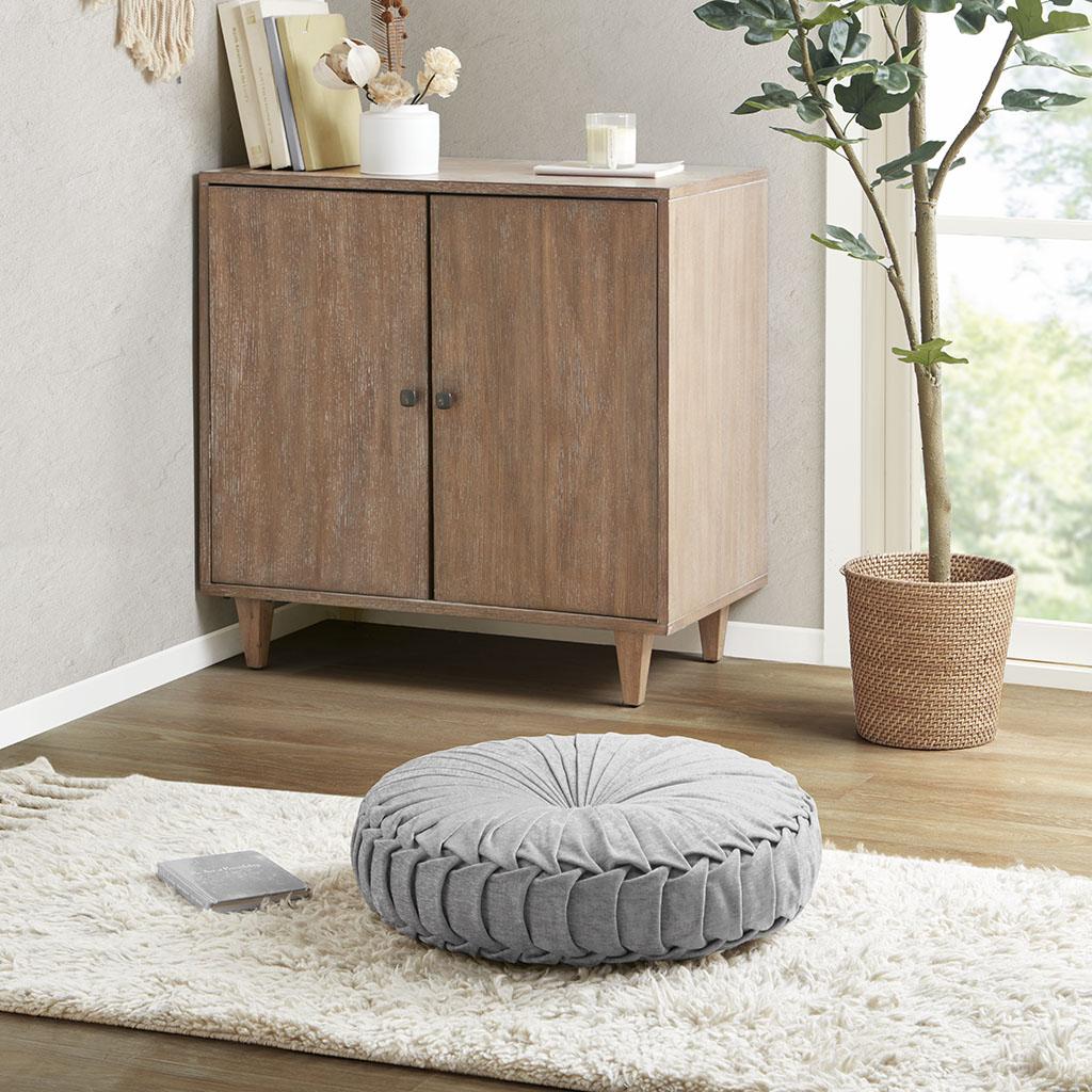 Poly Chenille Round Floor Pillow Cushion with Textured Fabric, Tufted Button Center, Pleated Detailing, 22" L x 22" W x 6" H, Gray