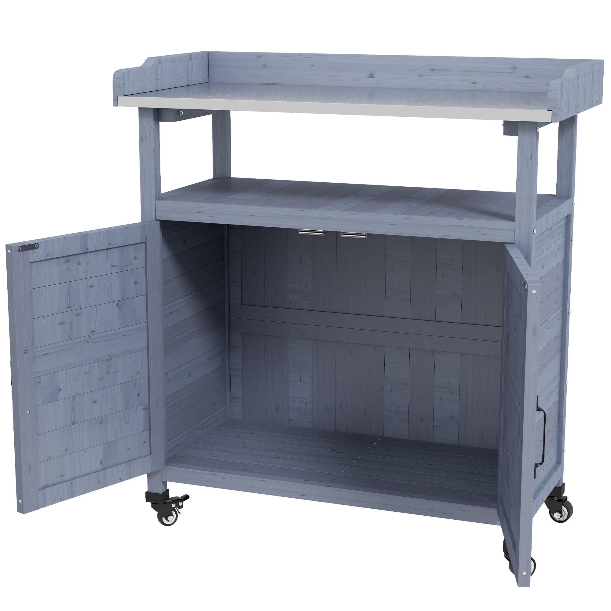 Outdoor Wooden Potting Bench with Storage Cabinet, Aluminum Tabletop, Rubber Wheels for Backyard, Patio, Balcony, Gray