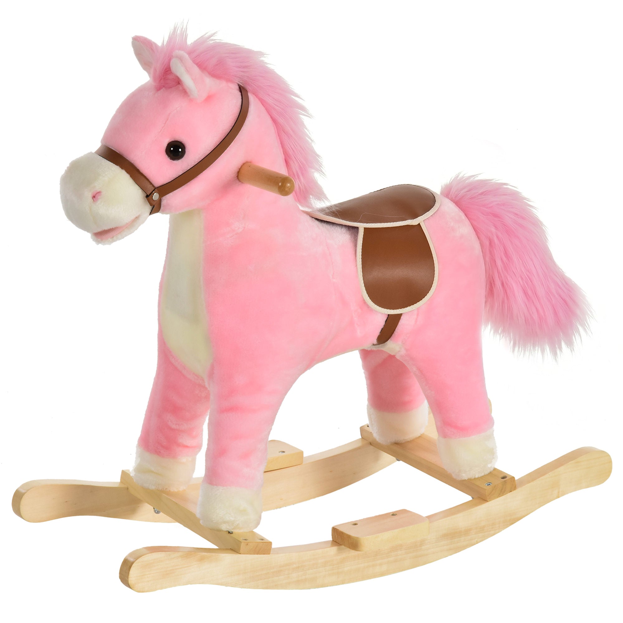 Rocking Horse Plush Animal on Wooden Rockers, Baby Rocking Chair with Sounds, Moving Mouth, Wagging Tail, Pink