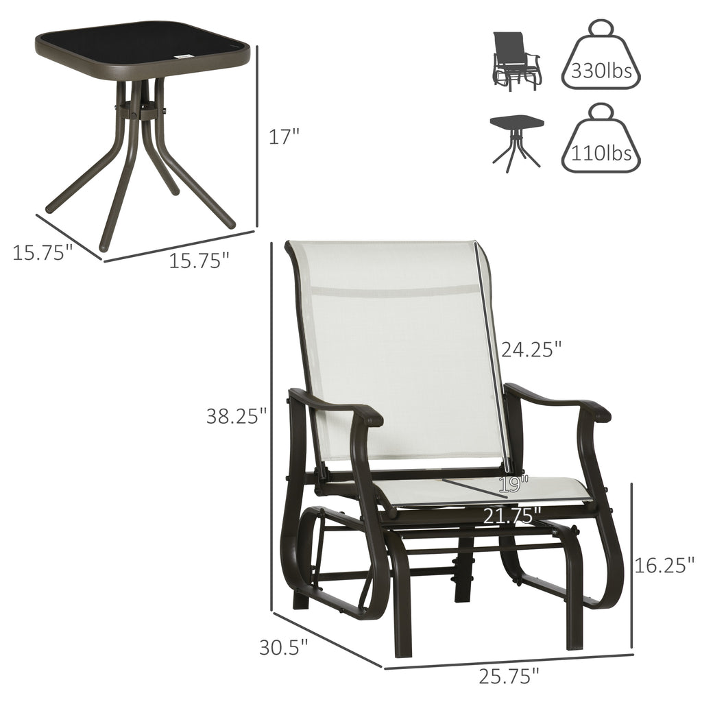 3-Piece Outdoor Gliders Set Bistro Set with Steel Frame, Tempered Glass Top Table for Patio, Garden, Backyard, Lawn, Cream White