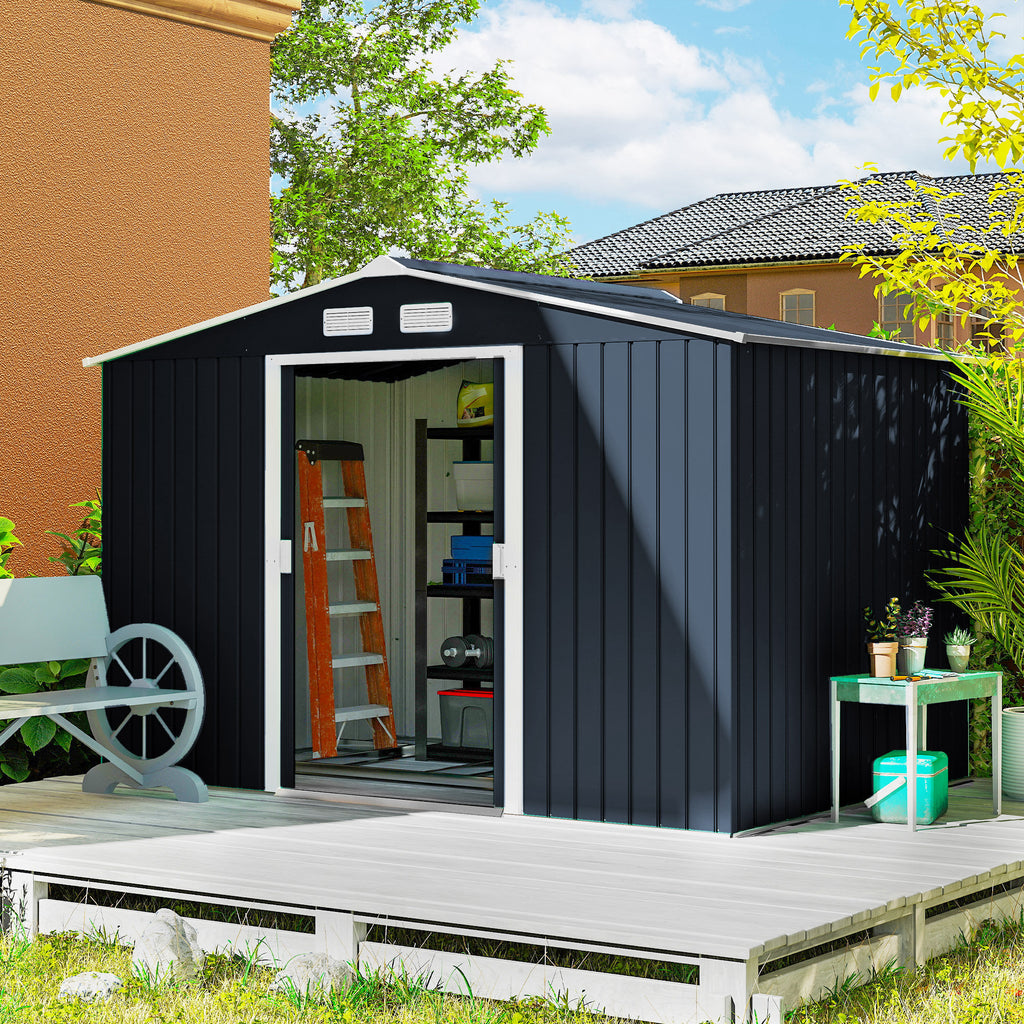 9' x 6' Outdoor Storage Shed, Garden Tool Metal Shed with Foundation Kit, Dark Gray
