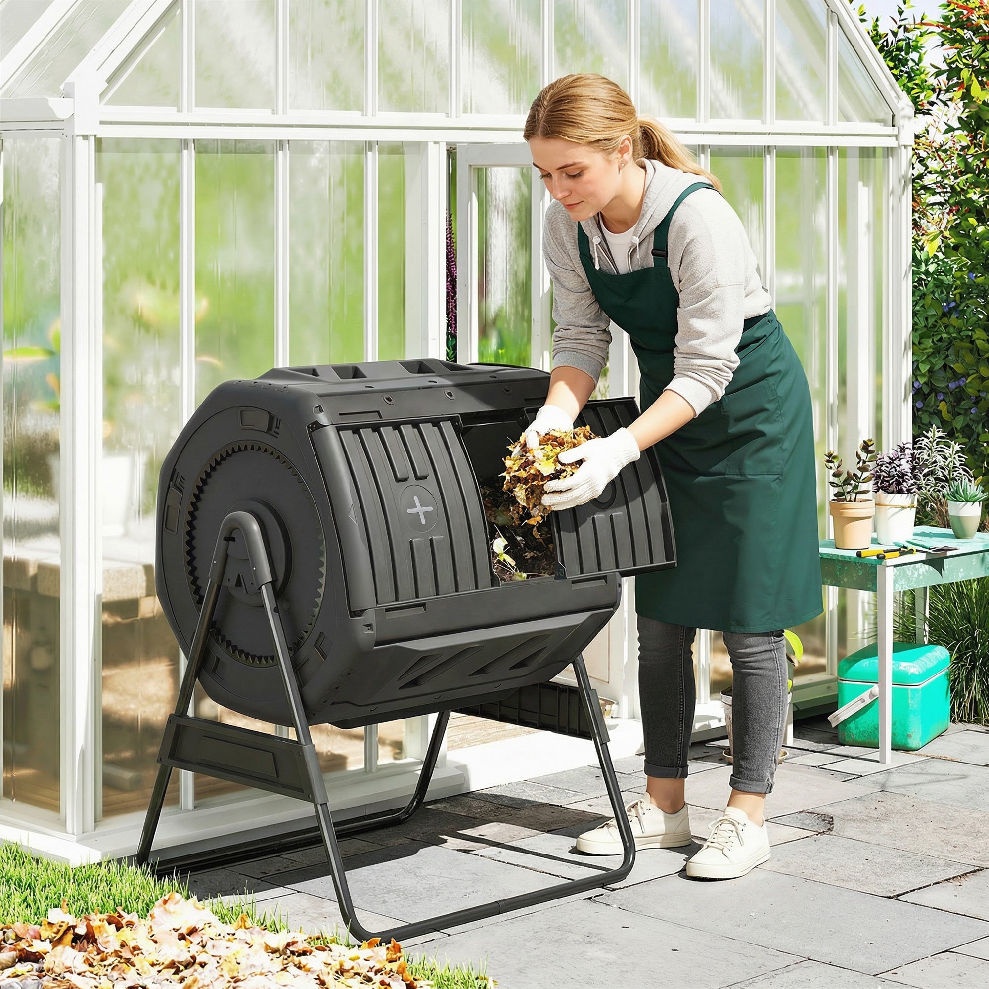 Compost Bin Outdoor, 53 Gal Dual Chamber Tumbling Composter with Adjustable Vents, BPA Free Tumbling Composter, Black