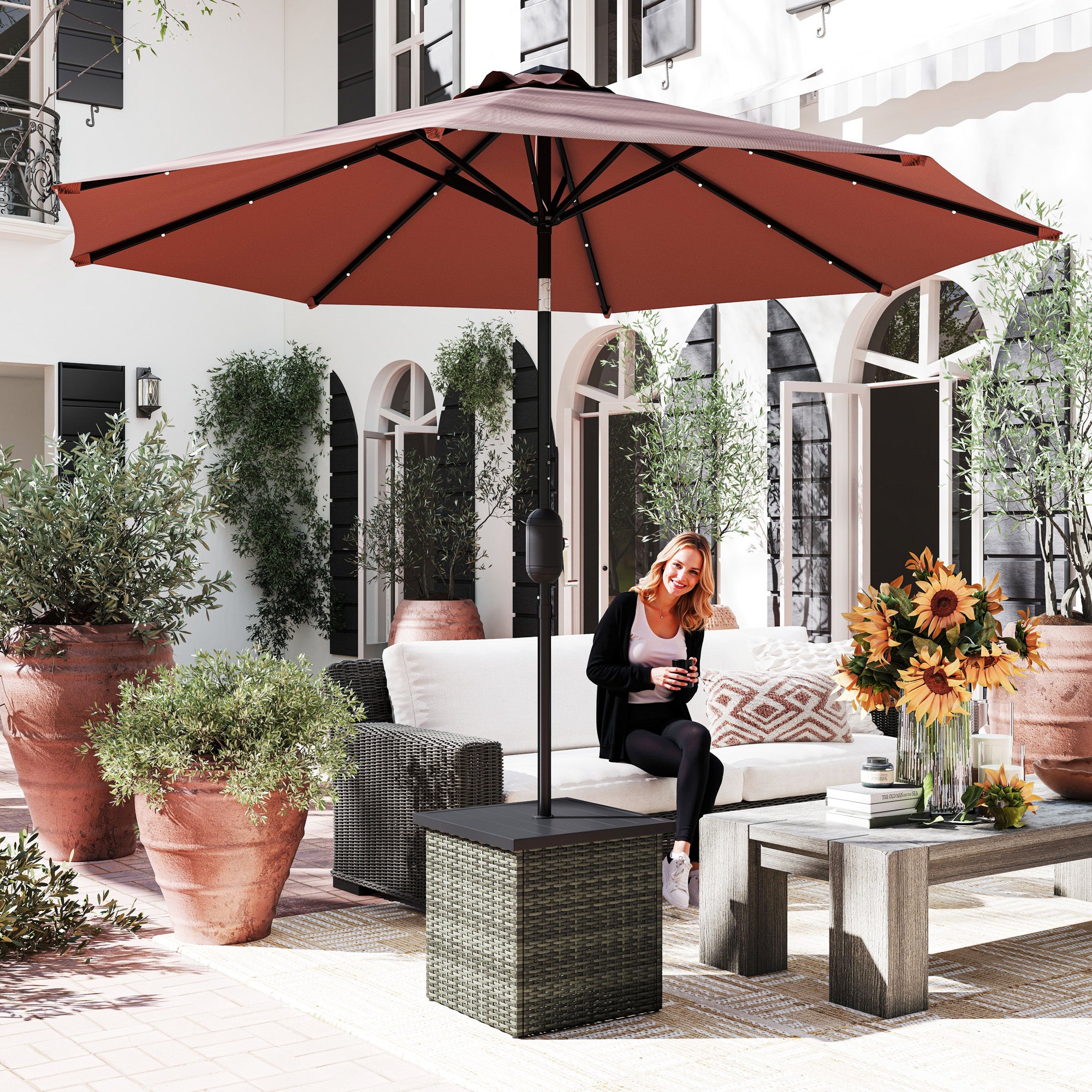 Wicker Side Table with 1.5" Umbrella Hole, Square Outdoor End Table with UV-Resistant Frame, Storage Space, Mixed-Gray