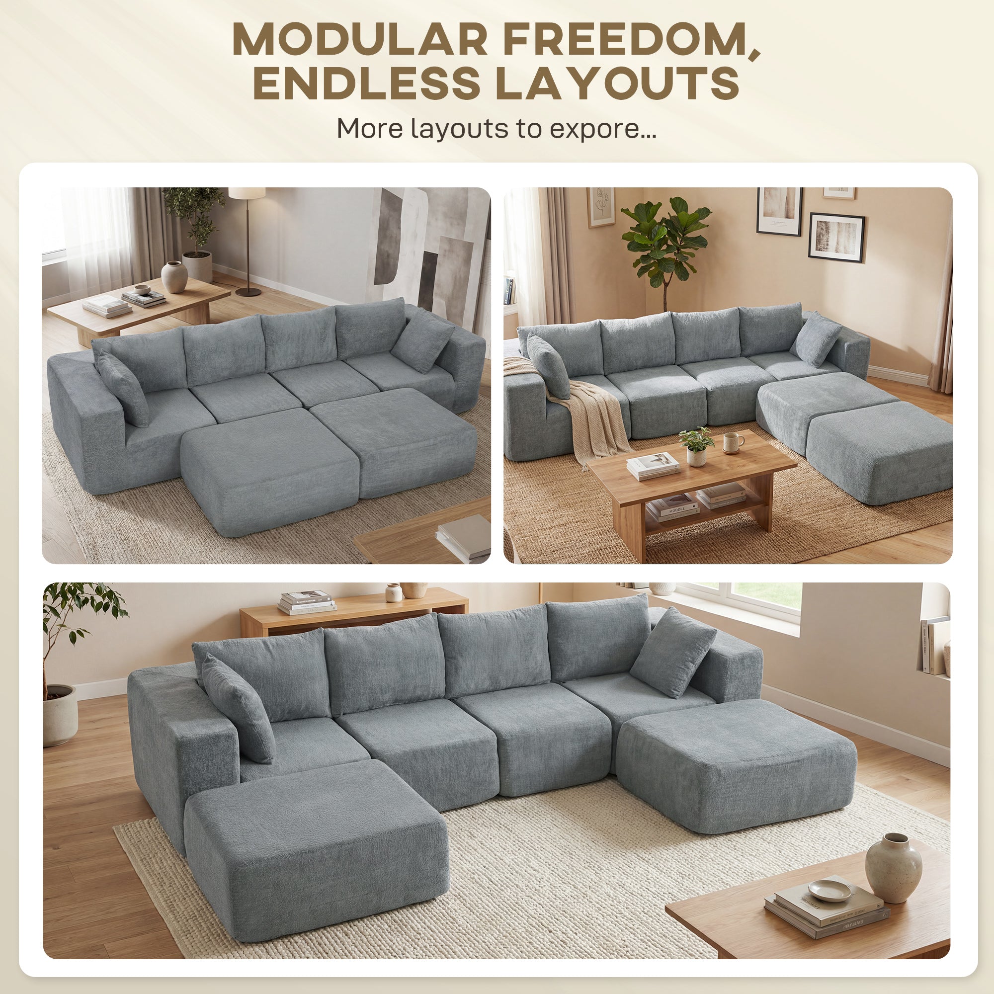 Modular Sectional Sofa, Boneless U-Shape Sectional Couch with 2 Ottomans, Dark Gray
