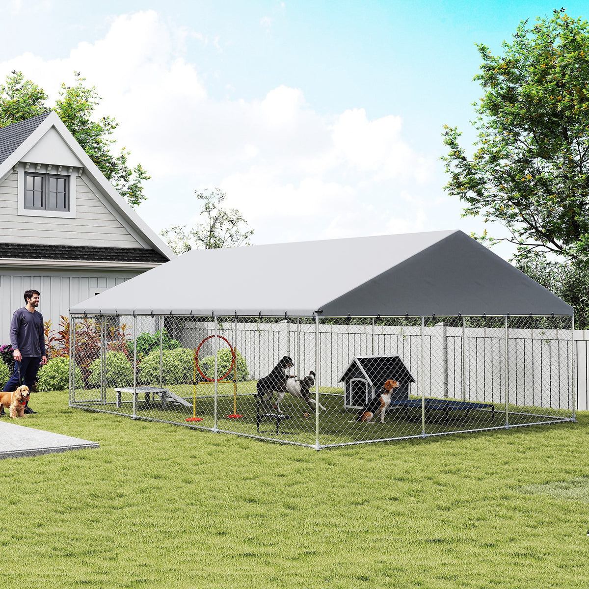 Heavy Duty Outdoor Dog Kennel with Waterproof Roof, 2 Secure Latches, Chain Link Dog Run for Backyard, 20' x 15' x 8'